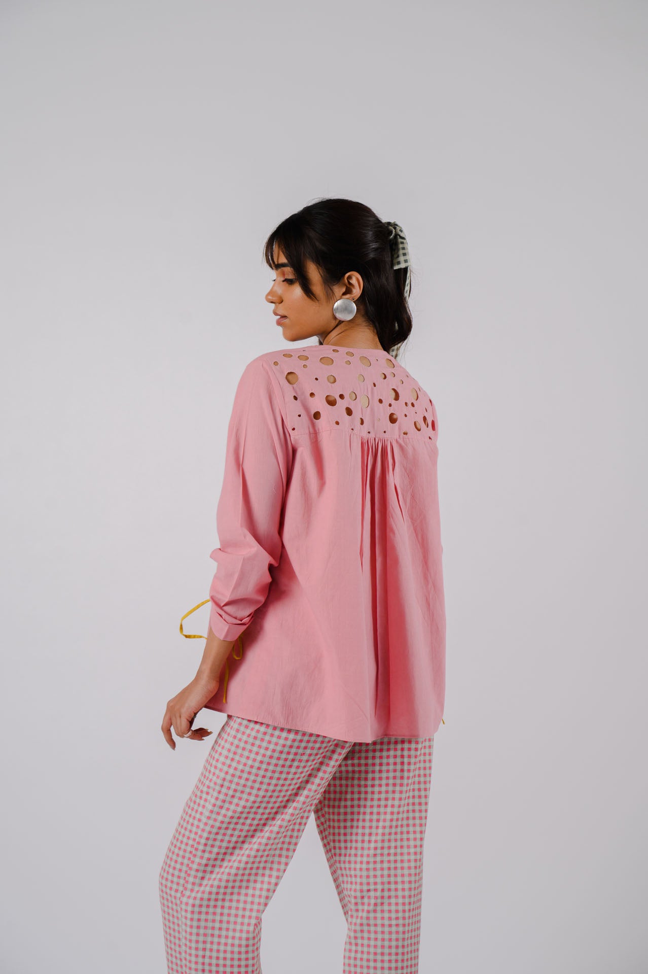 Pink Drawstrings Shirt With Checkered Pants