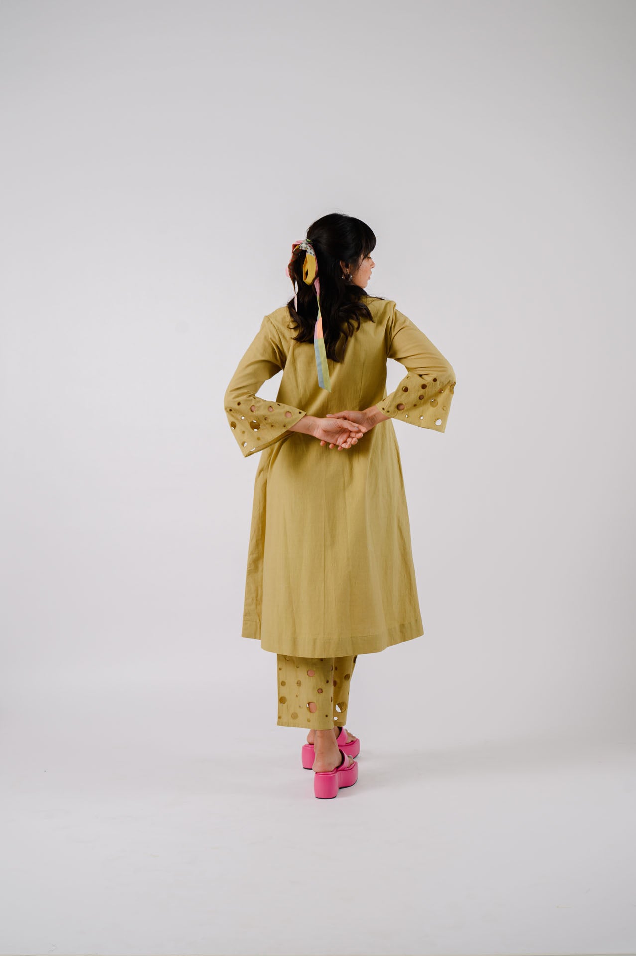 Lime Green Bell Sleeves Cutwork Kurta Set