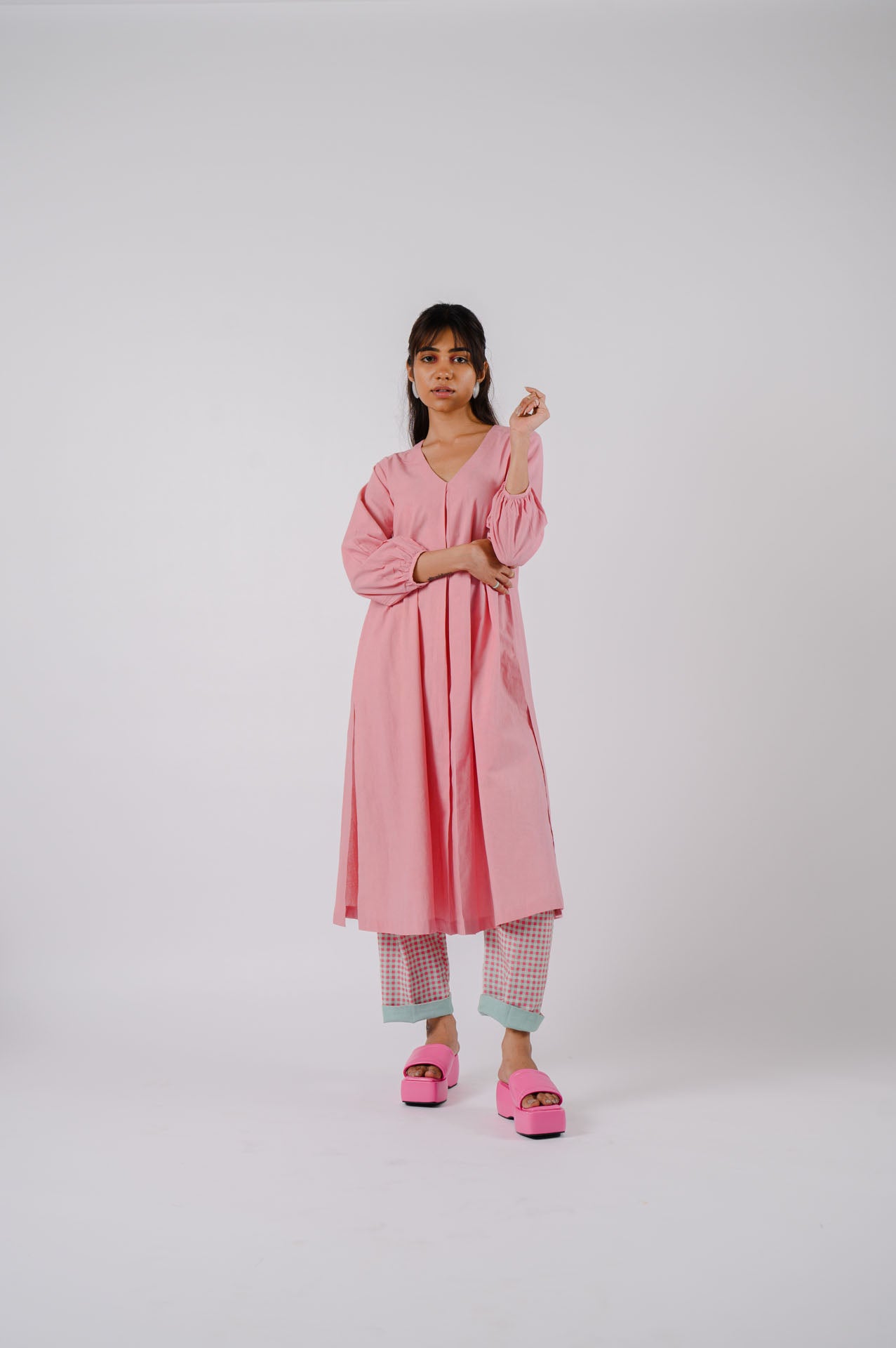 Pink Box Pleat Kurta With Checkered Pants