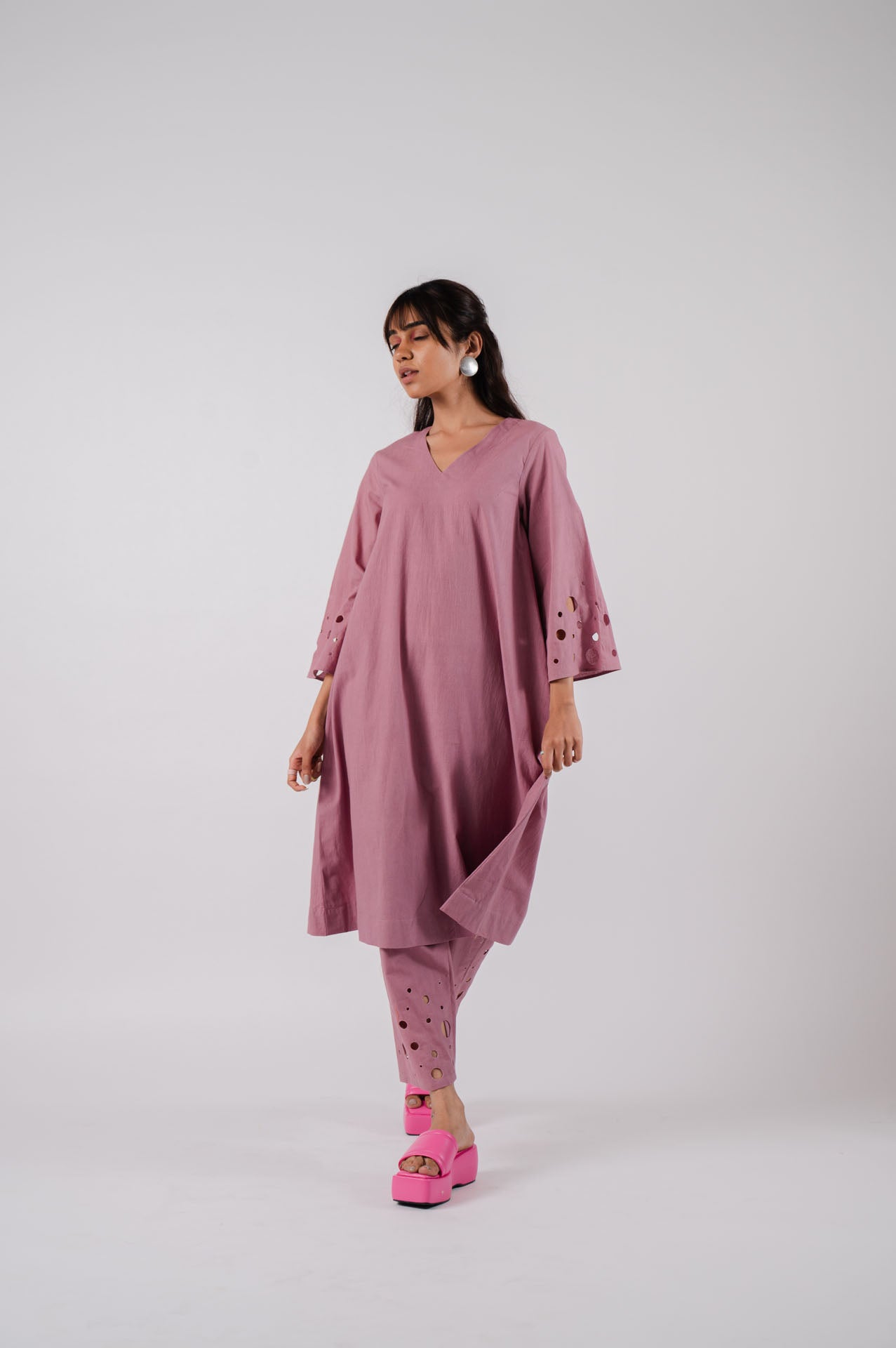 Mauve Bell Sleeves Cutwork Kurta Set
