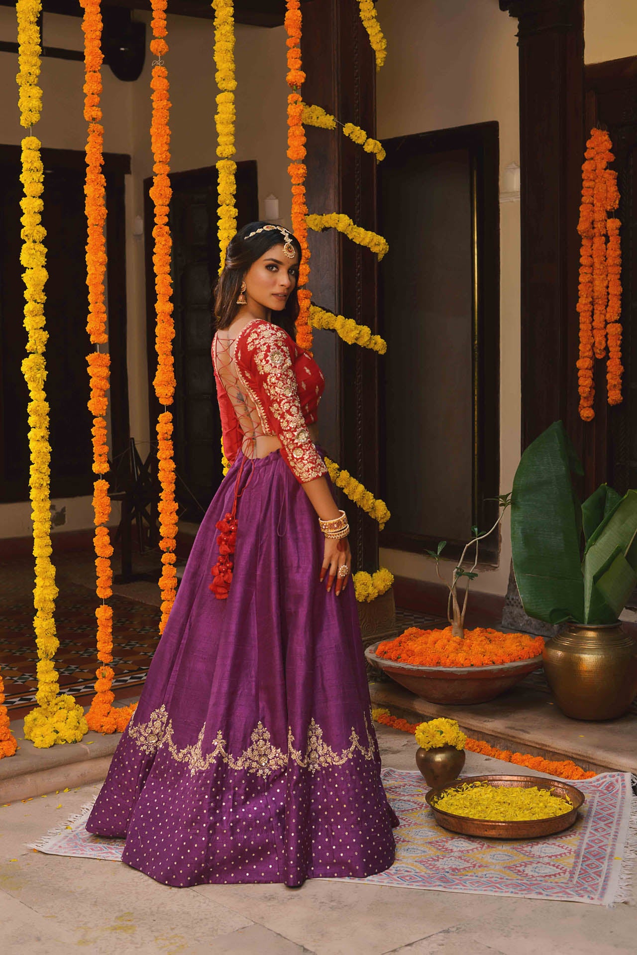 Purple Lehenga Set With Red Blouse