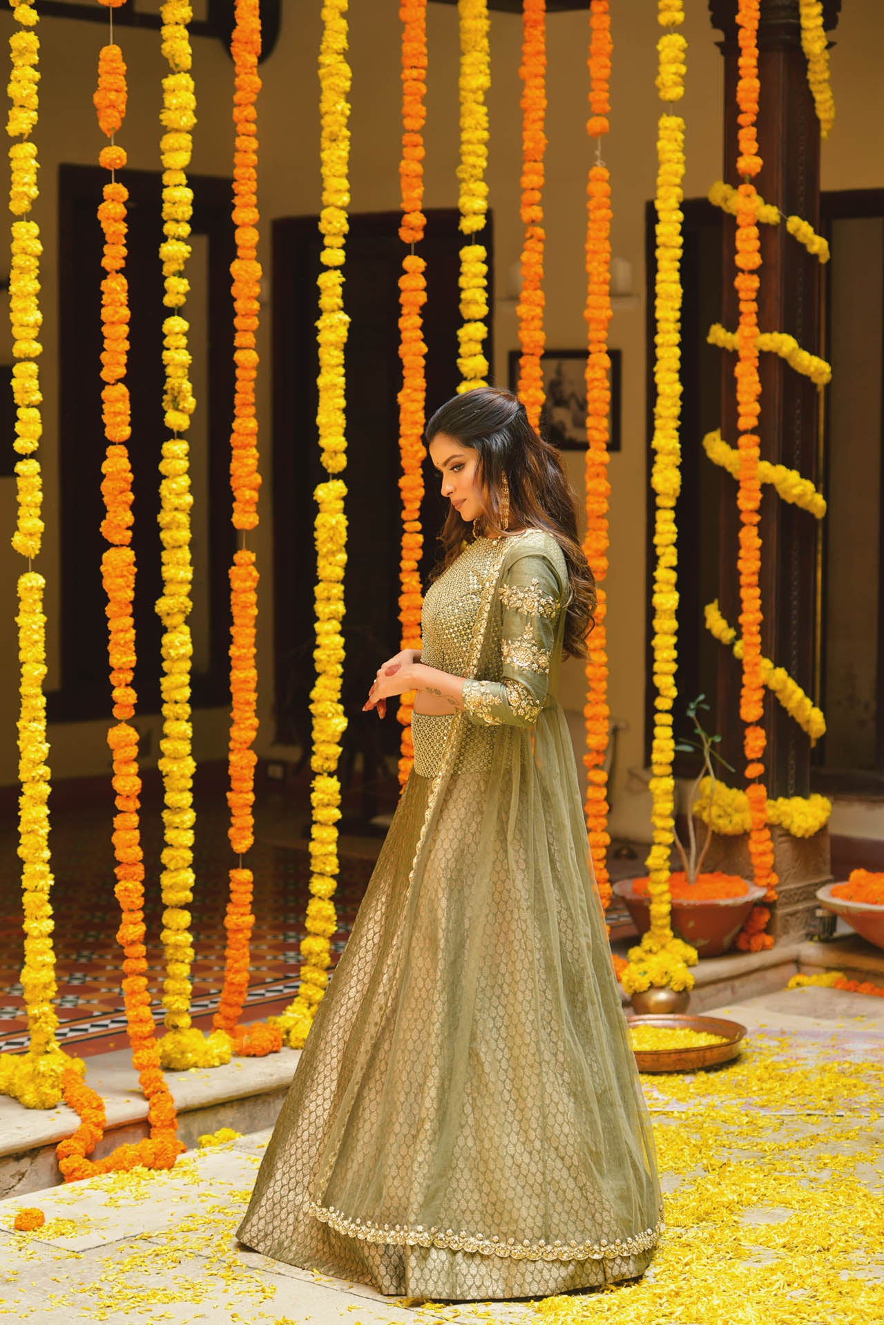 Green Net Jacket  And Banarasi Lehenga Set