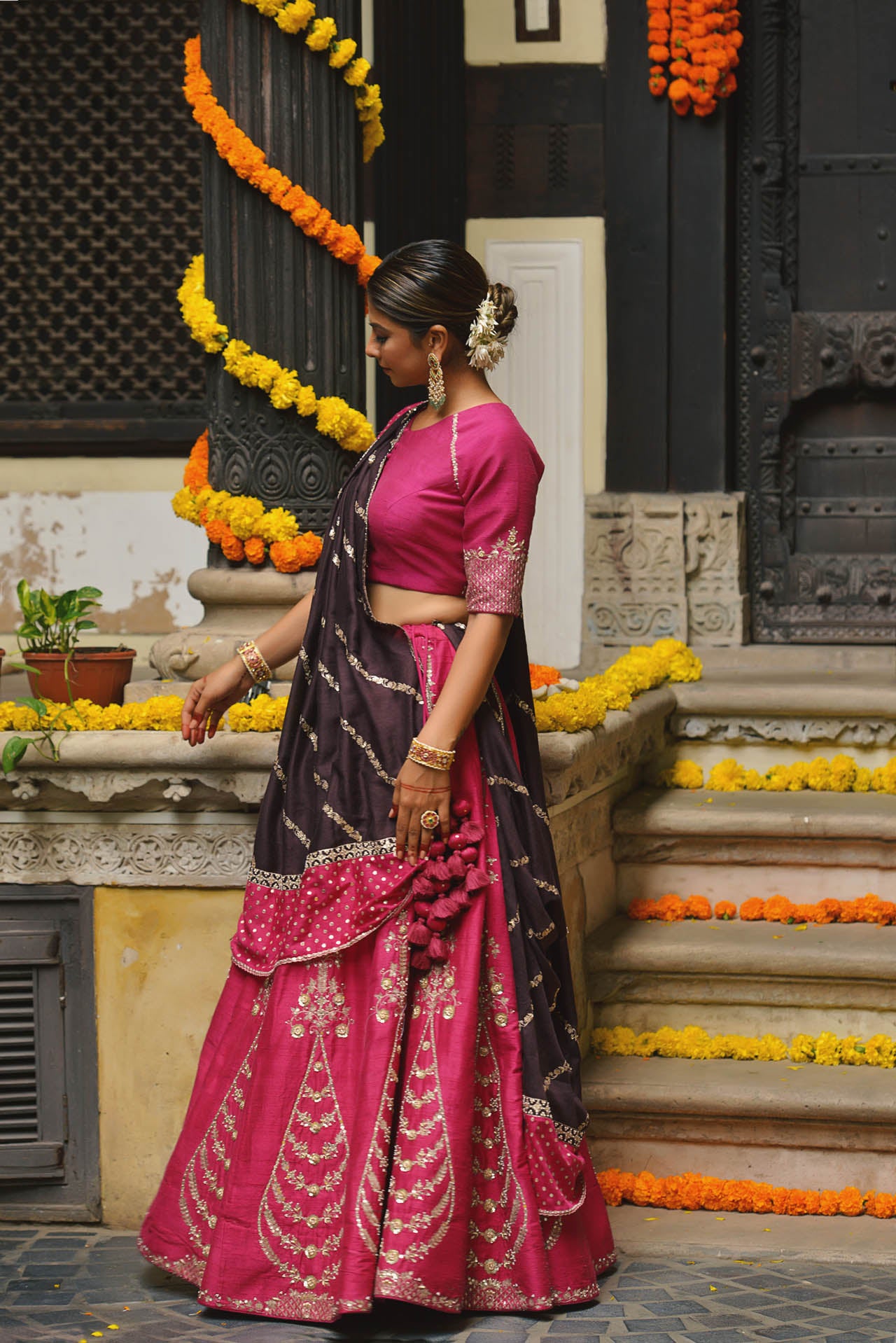 Pink And Brown Lehenga Set