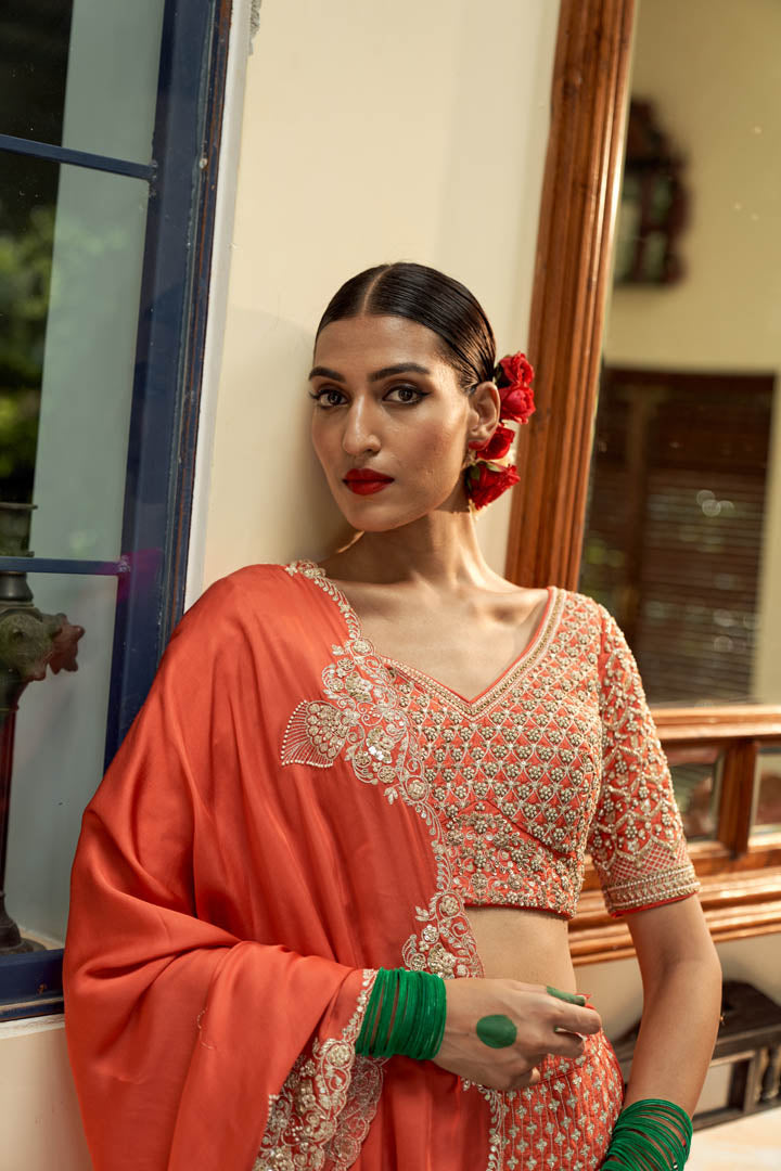 Orange All Over Embroidered Lehenga Set