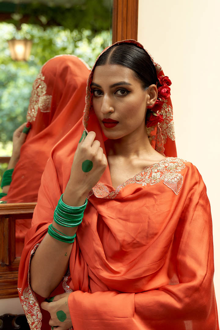 Orange All Over Embroidered Lehenga Set