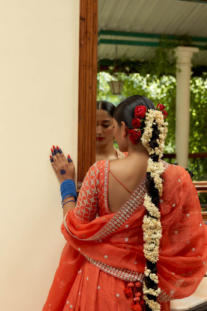 Orange Lehenga Set With Organza Dupatta