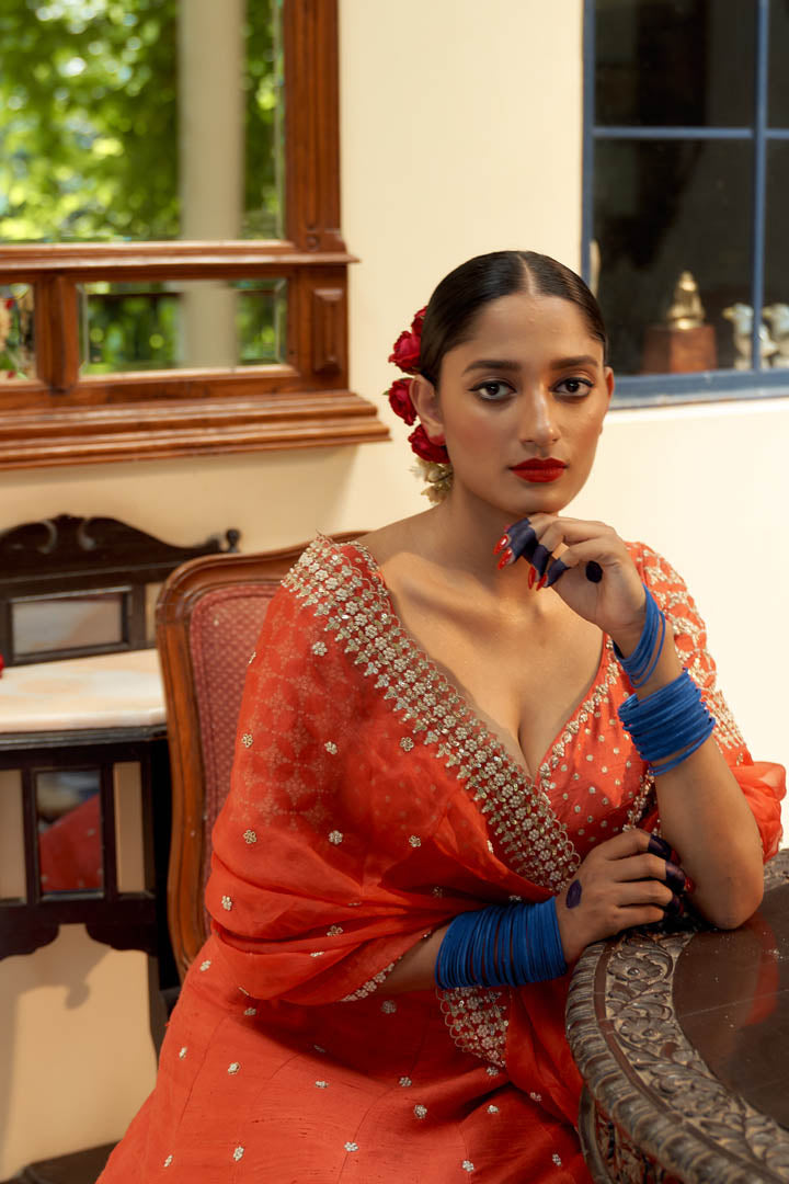 Orange Lehenga Set With Organza Dupatta