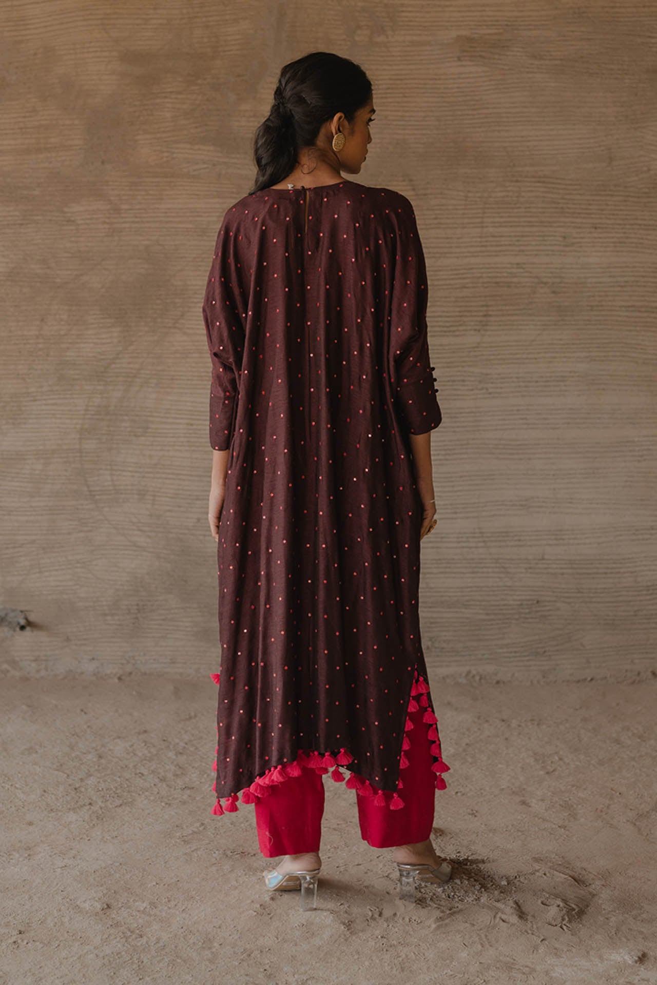 Brown Bandhej Kaftan With Pink Pants