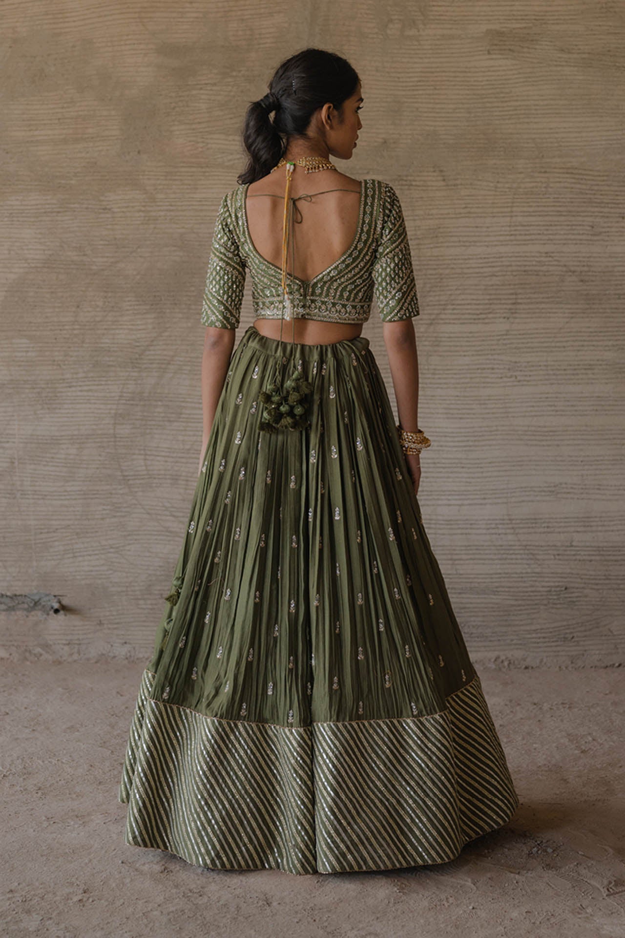 Green Spun Lehenga Set
