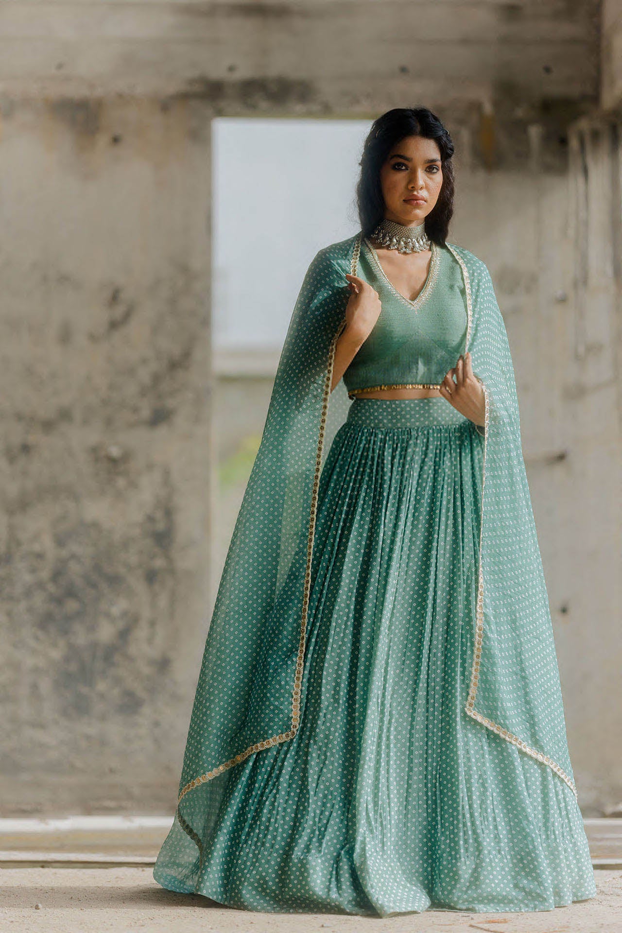 Teal Bandhej Printed Lehenga Set