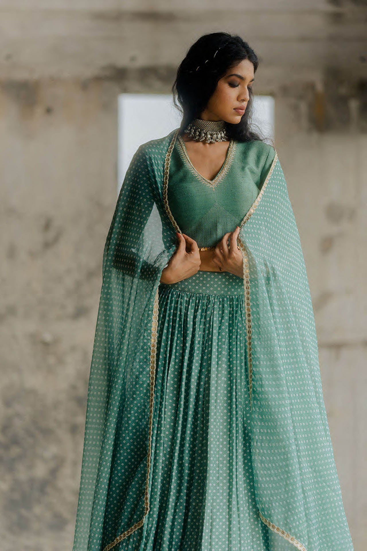 Teal Bandhej Printed Lehenga Set