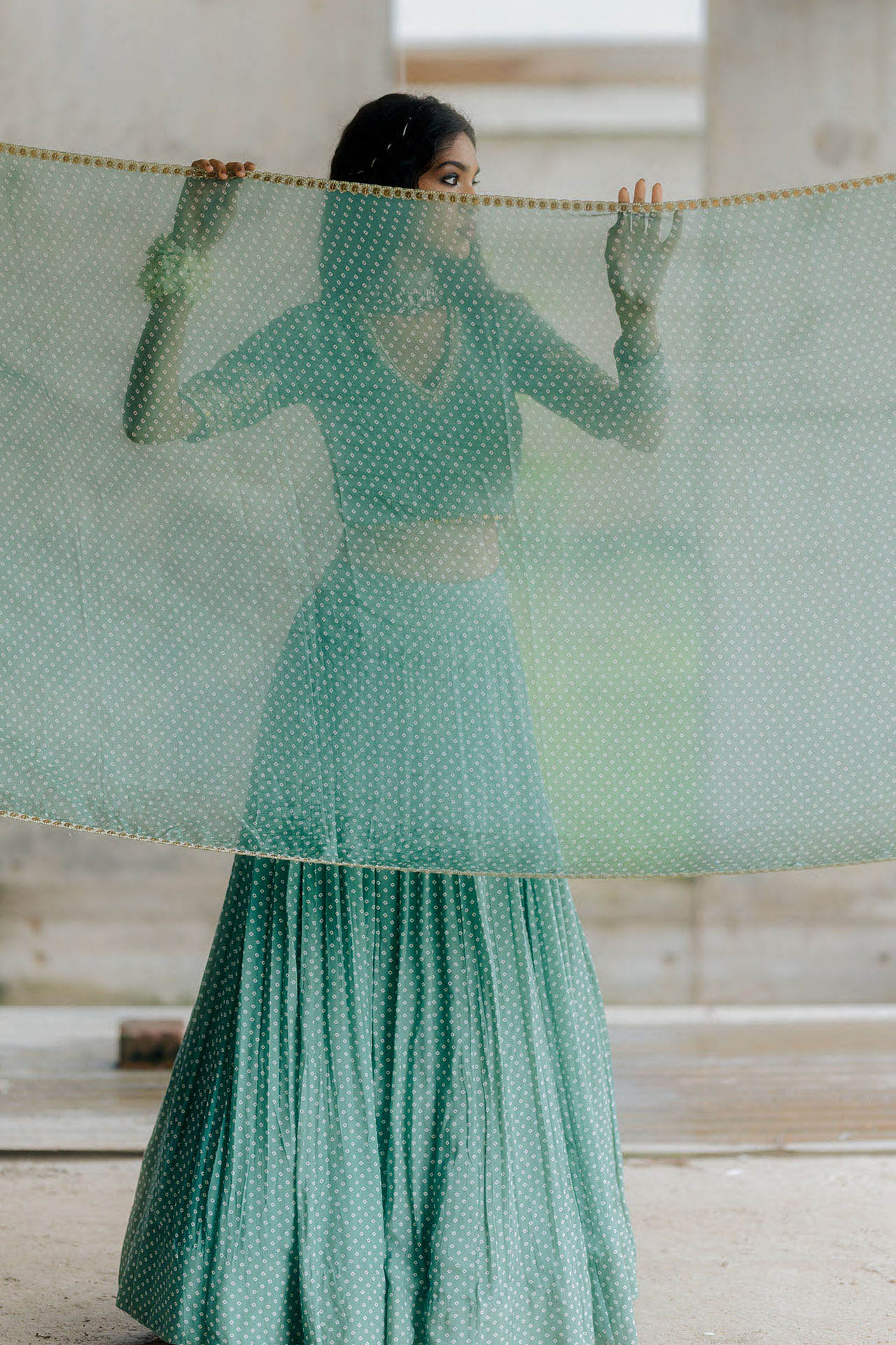 Teal Bandhej Printed Lehenga Set