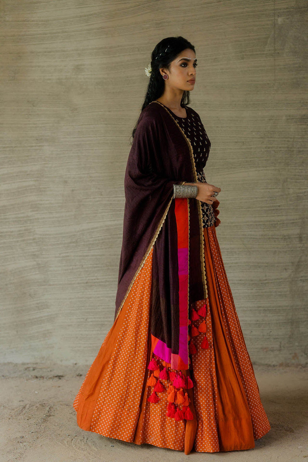 Brown Kediya Blouse with Rust Bandhani Lehenga Set