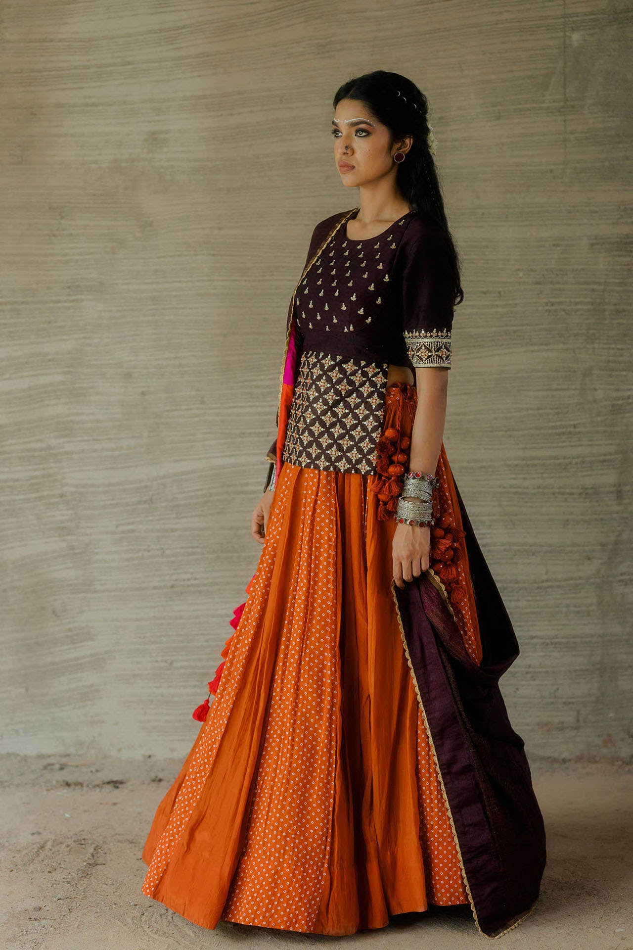 Brown Kediya Blouse with Rust Bandhani Lehenga Set