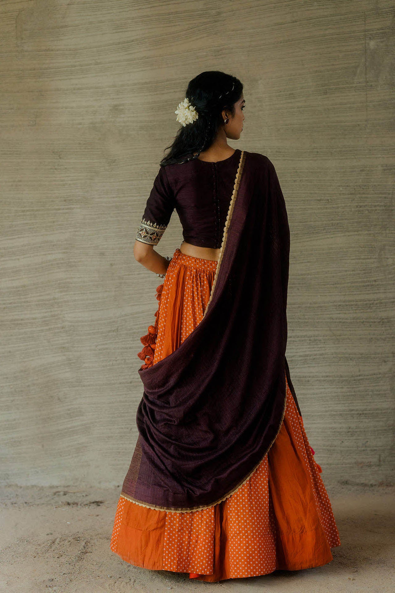 Brown Kediya Blouse with Rust Bandhani Lehenga Set