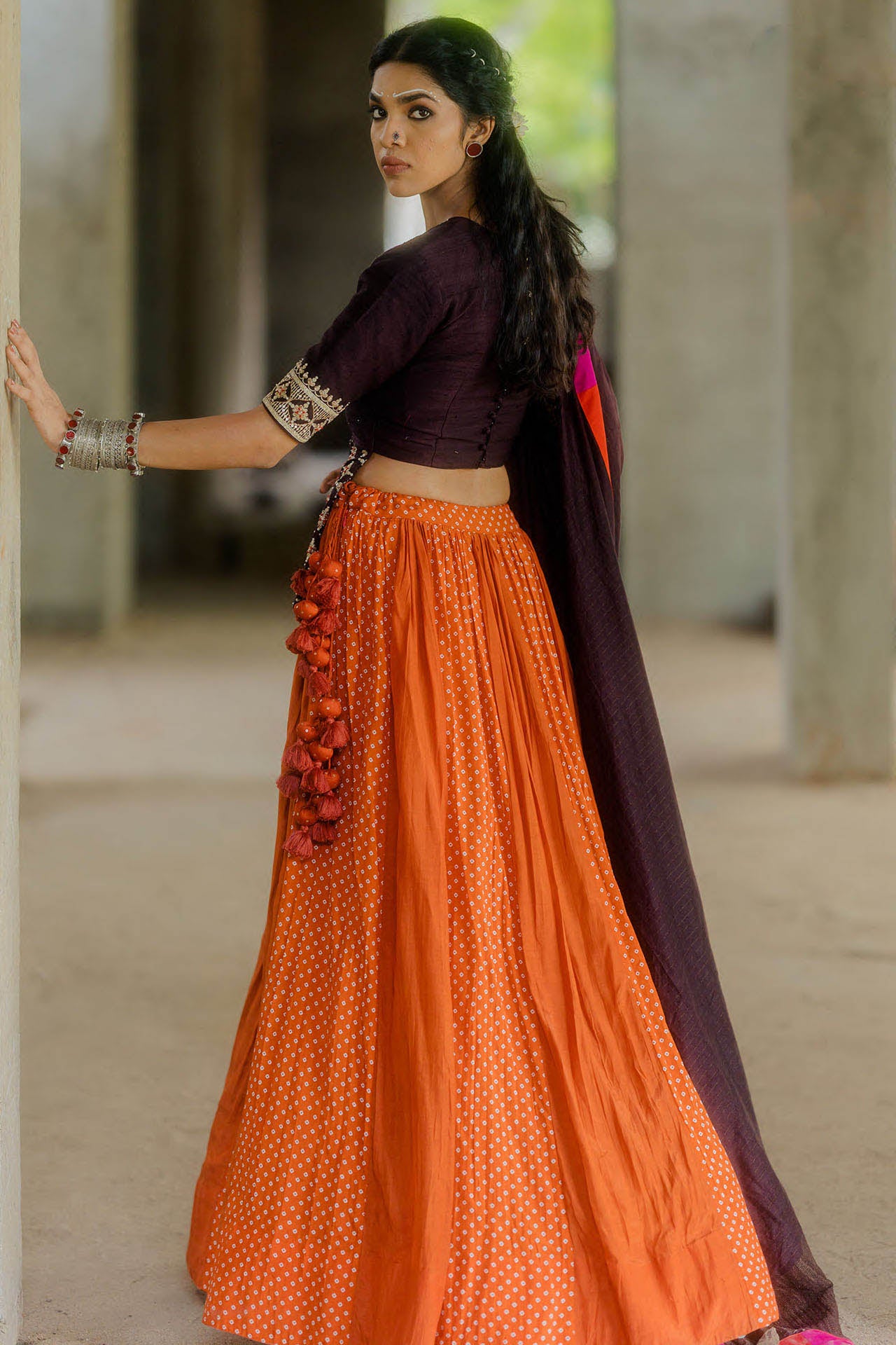 Brown Kediya Blouse with Rust Bandhani Lehenga Set