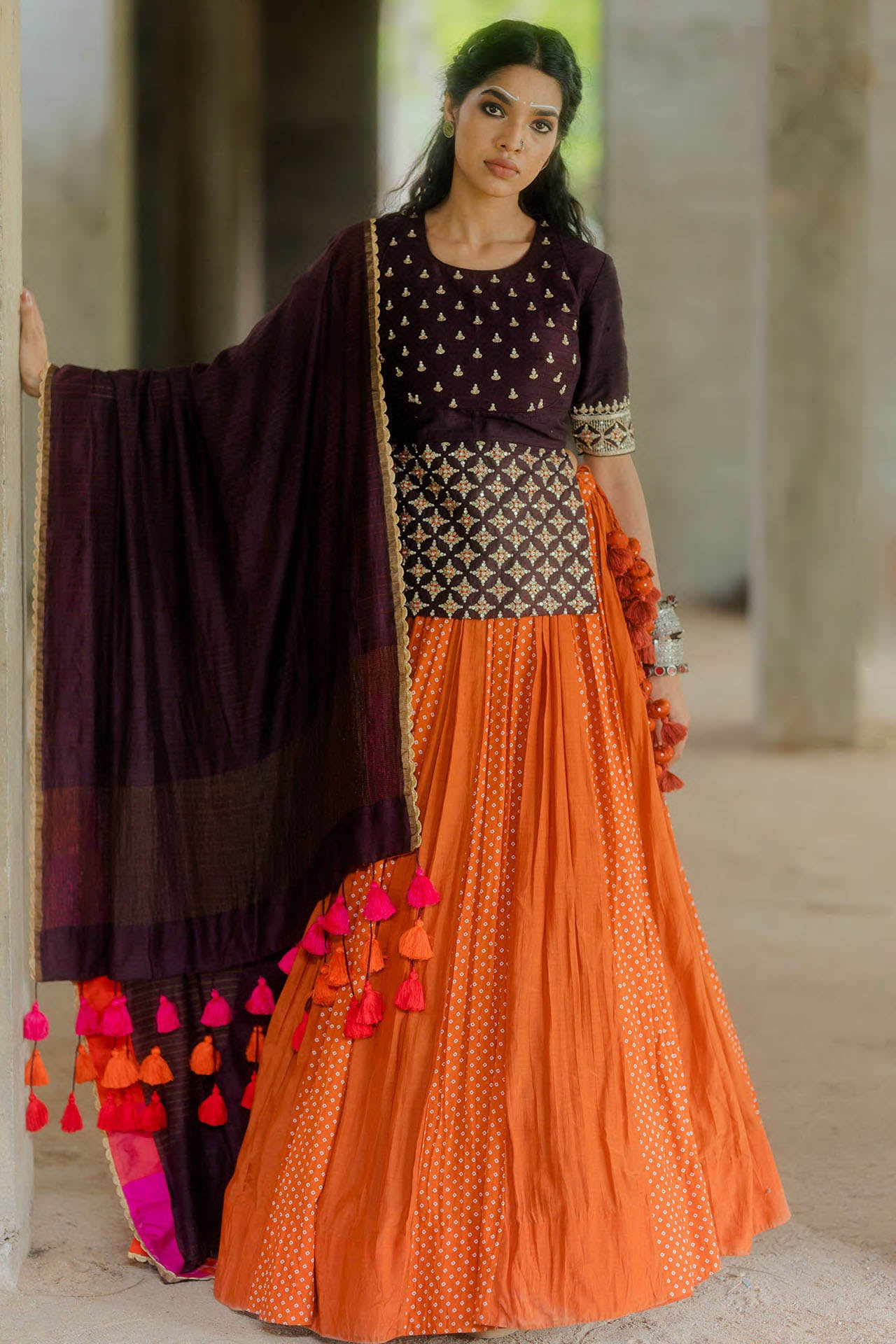 Brown Kediya Blouse with Rust Bandhani Lehenga Set