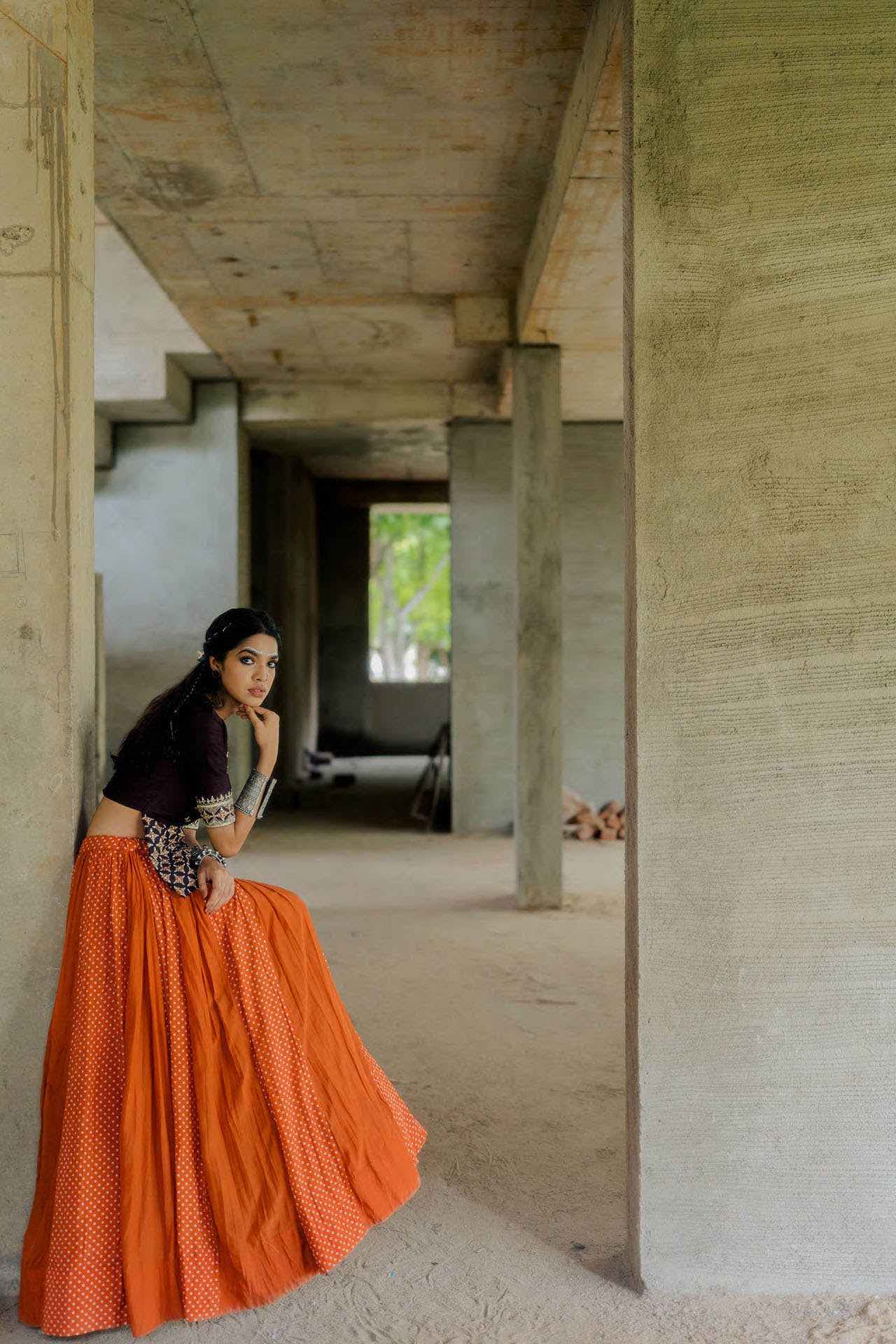 Brown Kediya Blouse with Rust Bandhani Lehenga Set