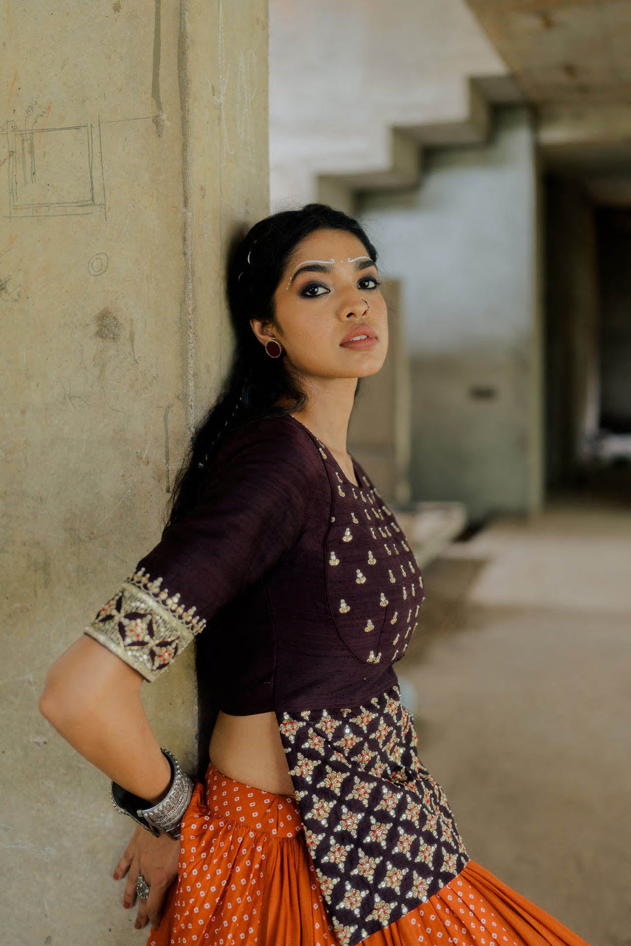 Brown Kediya Blouse with Rust Bandhani Lehenga Set