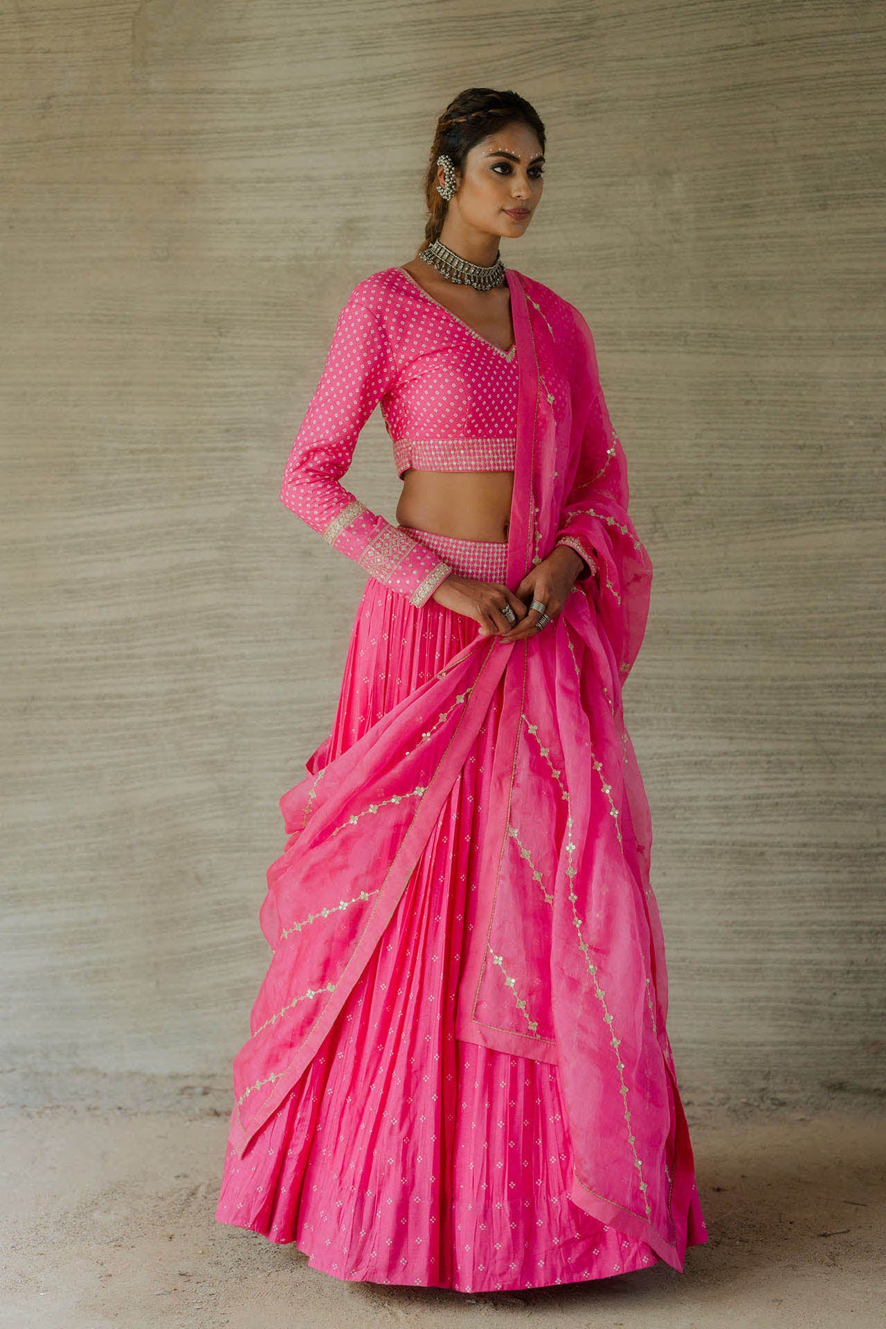 Hot Pink Bandhani Print Lehenga Set