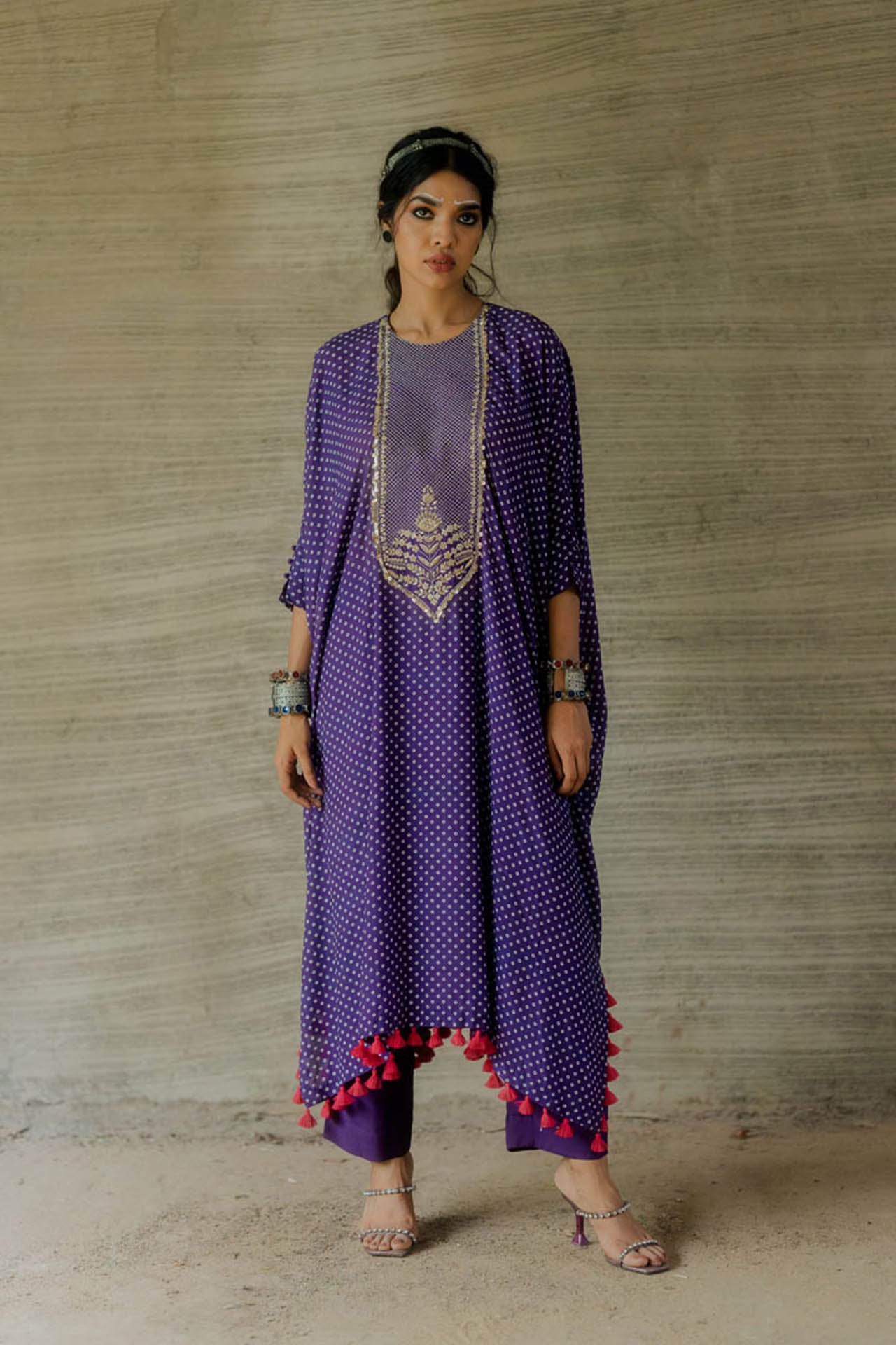 Purple Bandhej Kaftan with Pants