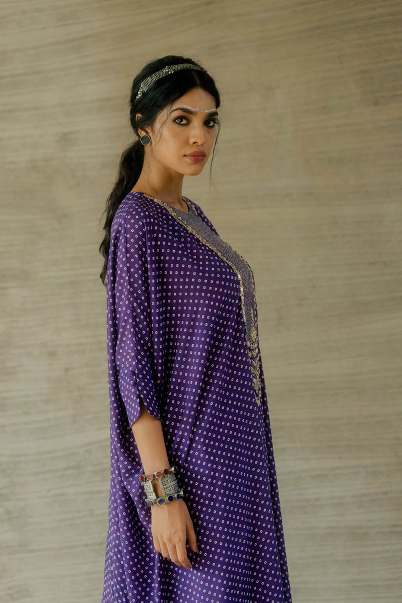 Purple Bandhej Kaftan with Pants