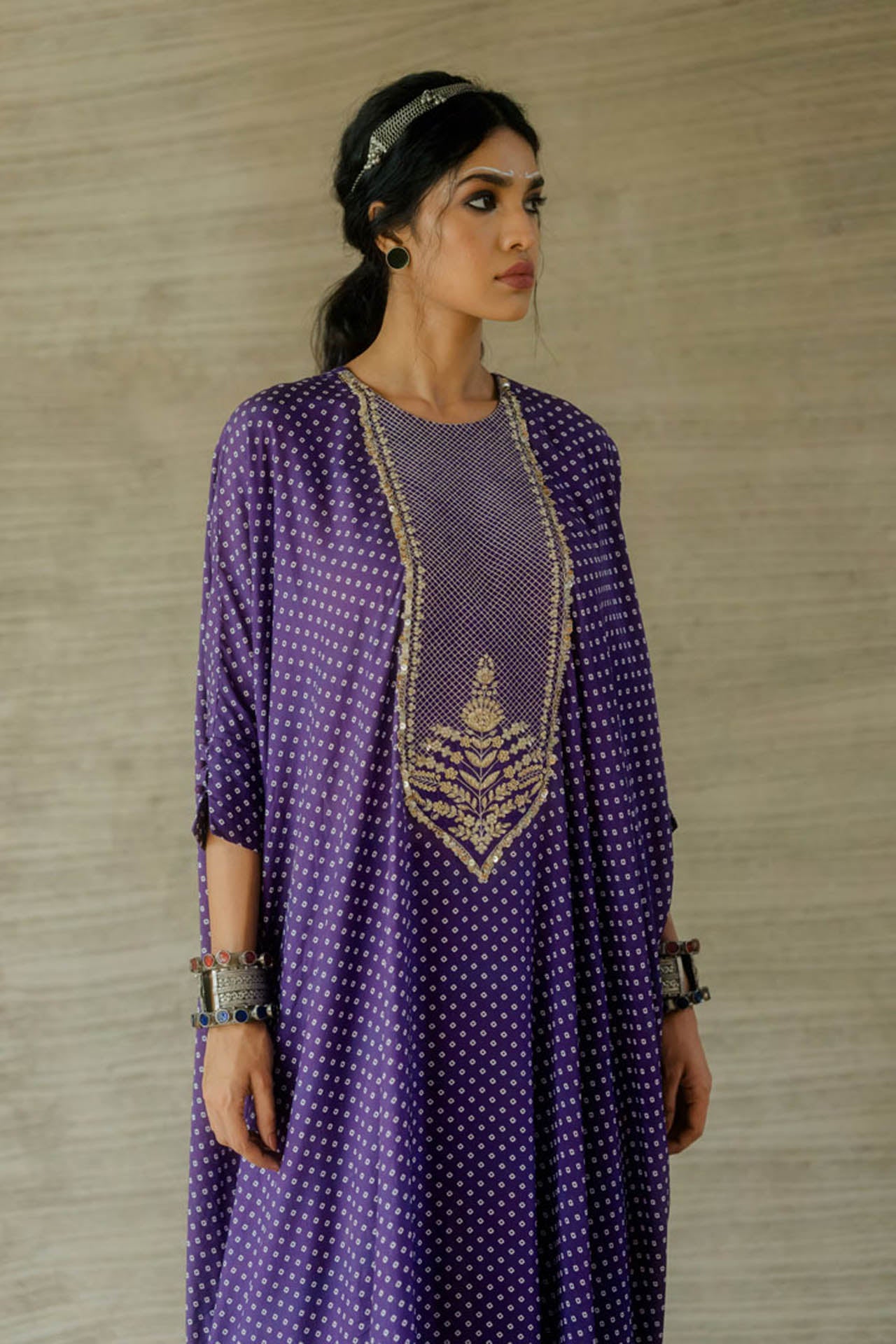 Purple Bandhej Kaftan with Pants