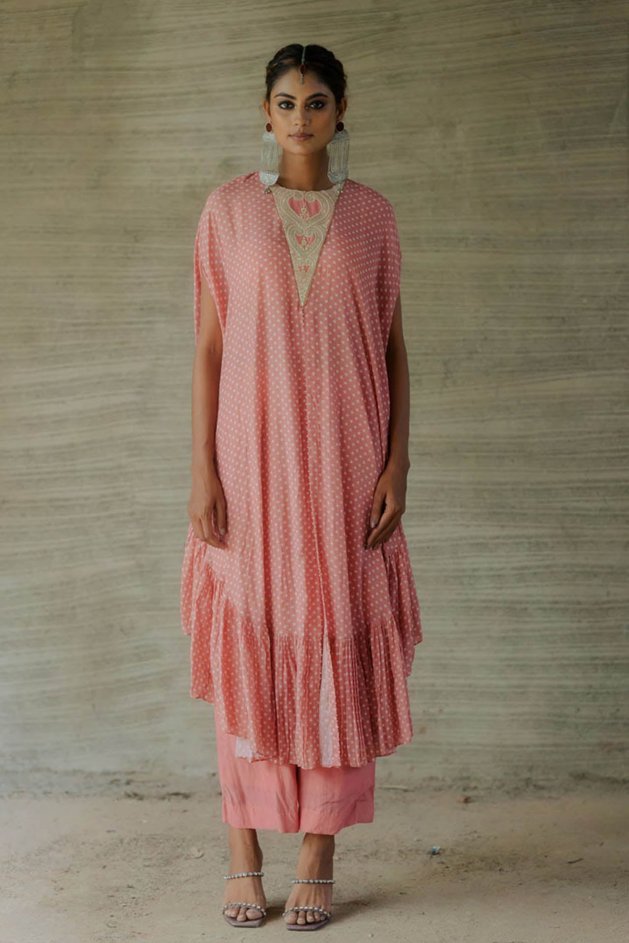 Peach Bandhej Kaftan with Pants