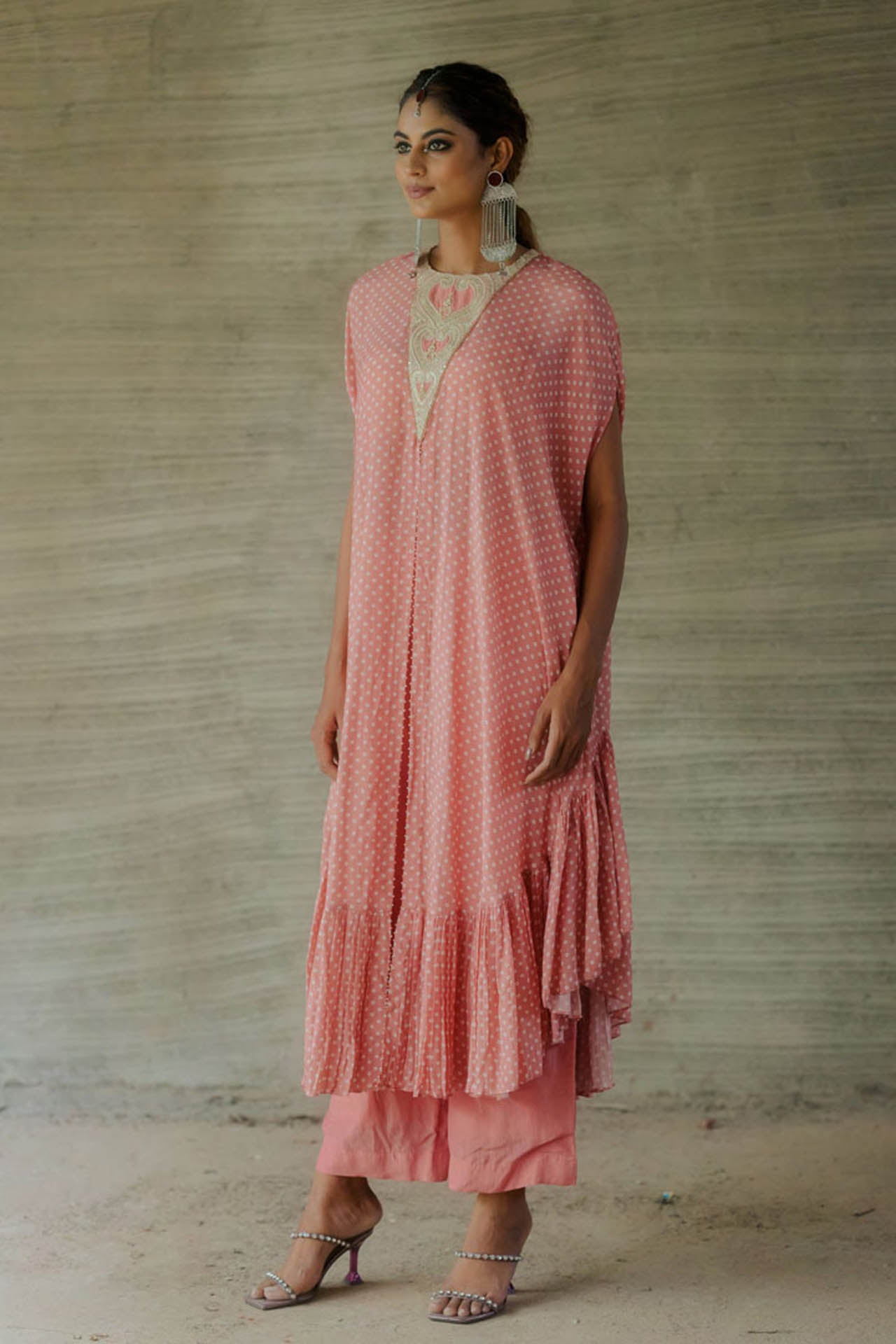 Peach Bandhej Kaftan with Pants