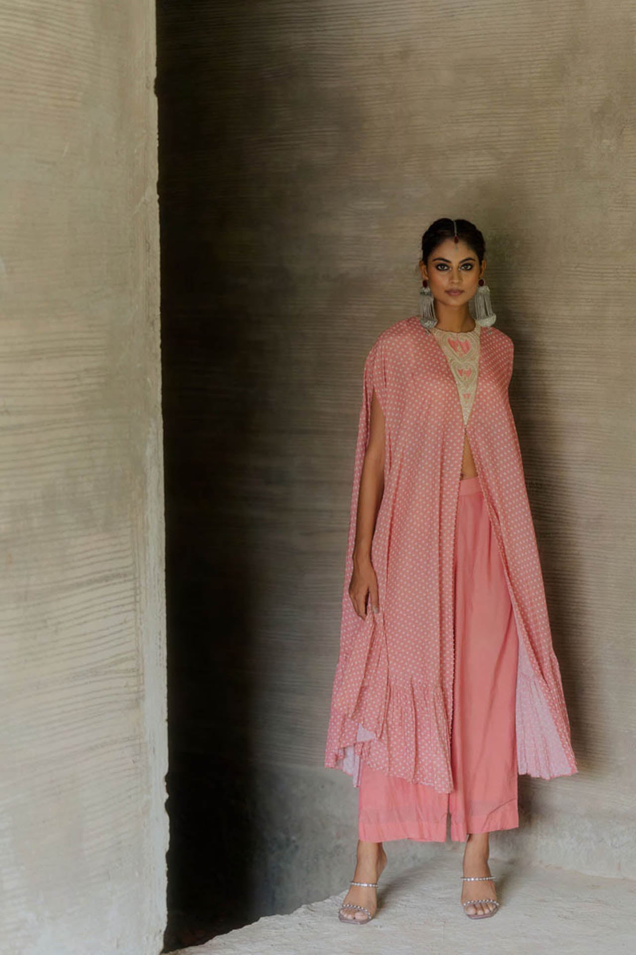 Peach Bandhej Kaftan with Pants