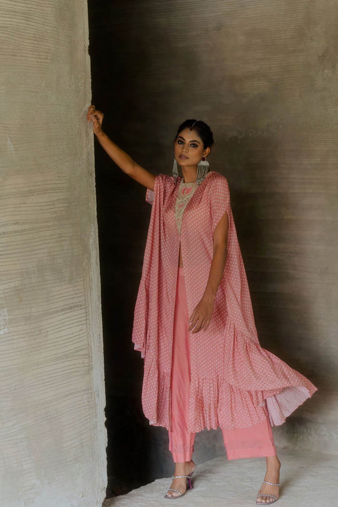 Peach Bandhej Kaftan with Pants