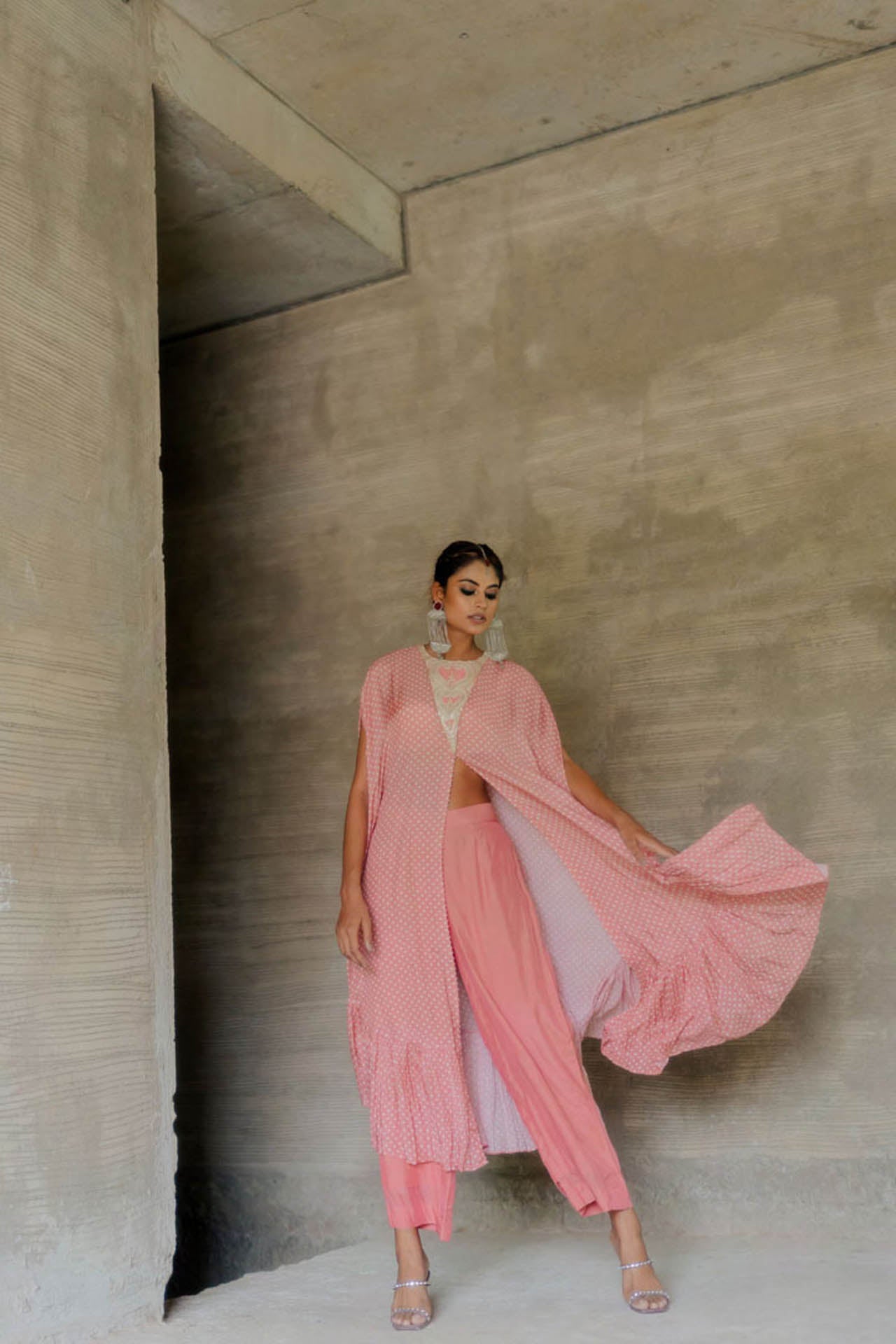 Peach Bandhej Kaftan with Pants
