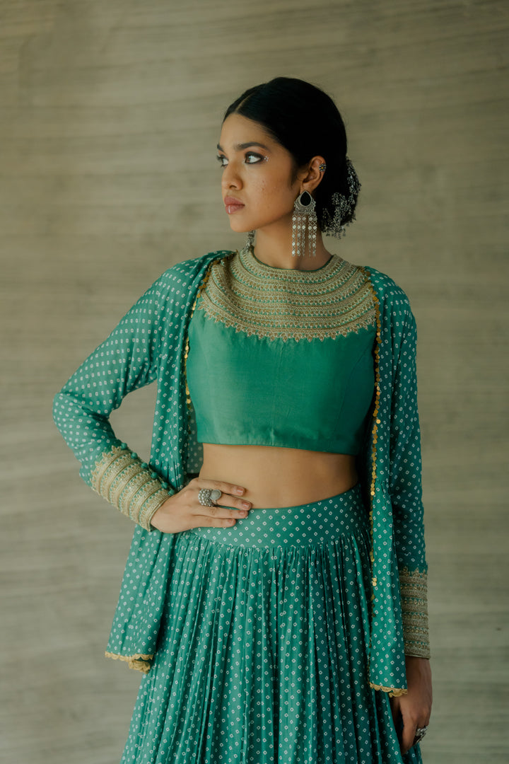 Teal Bandhej Peplum Jacket Set