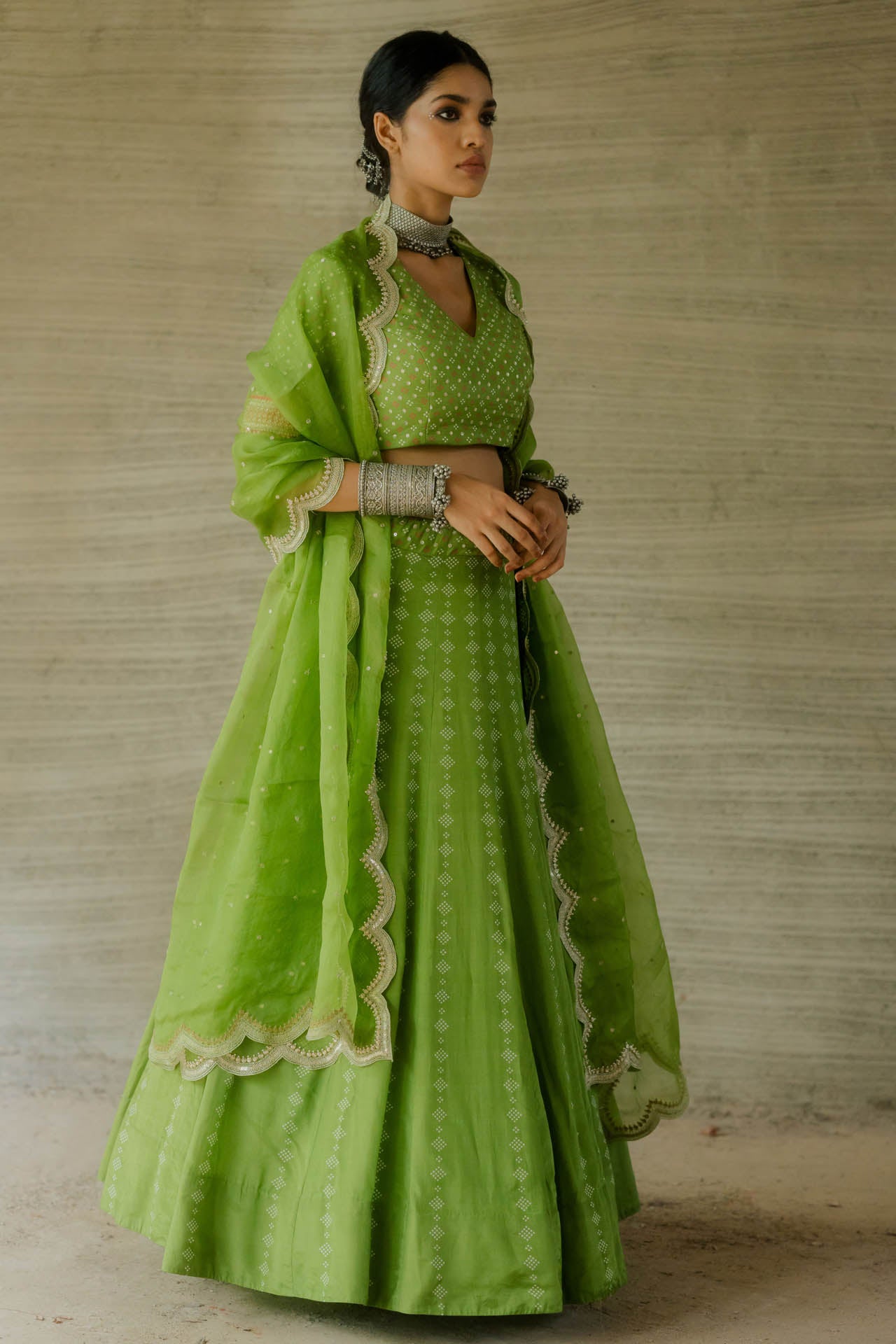 Green Multi Print Lehenga Set