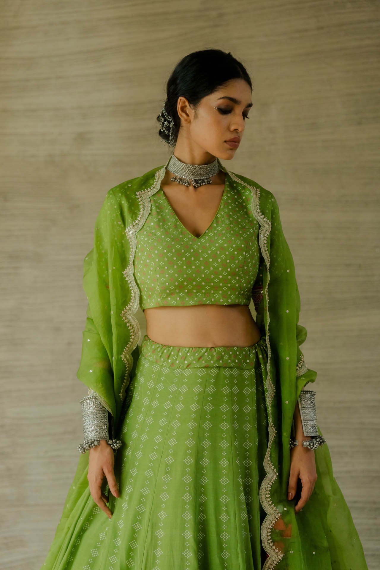 Green Multi Print Lehenga Set