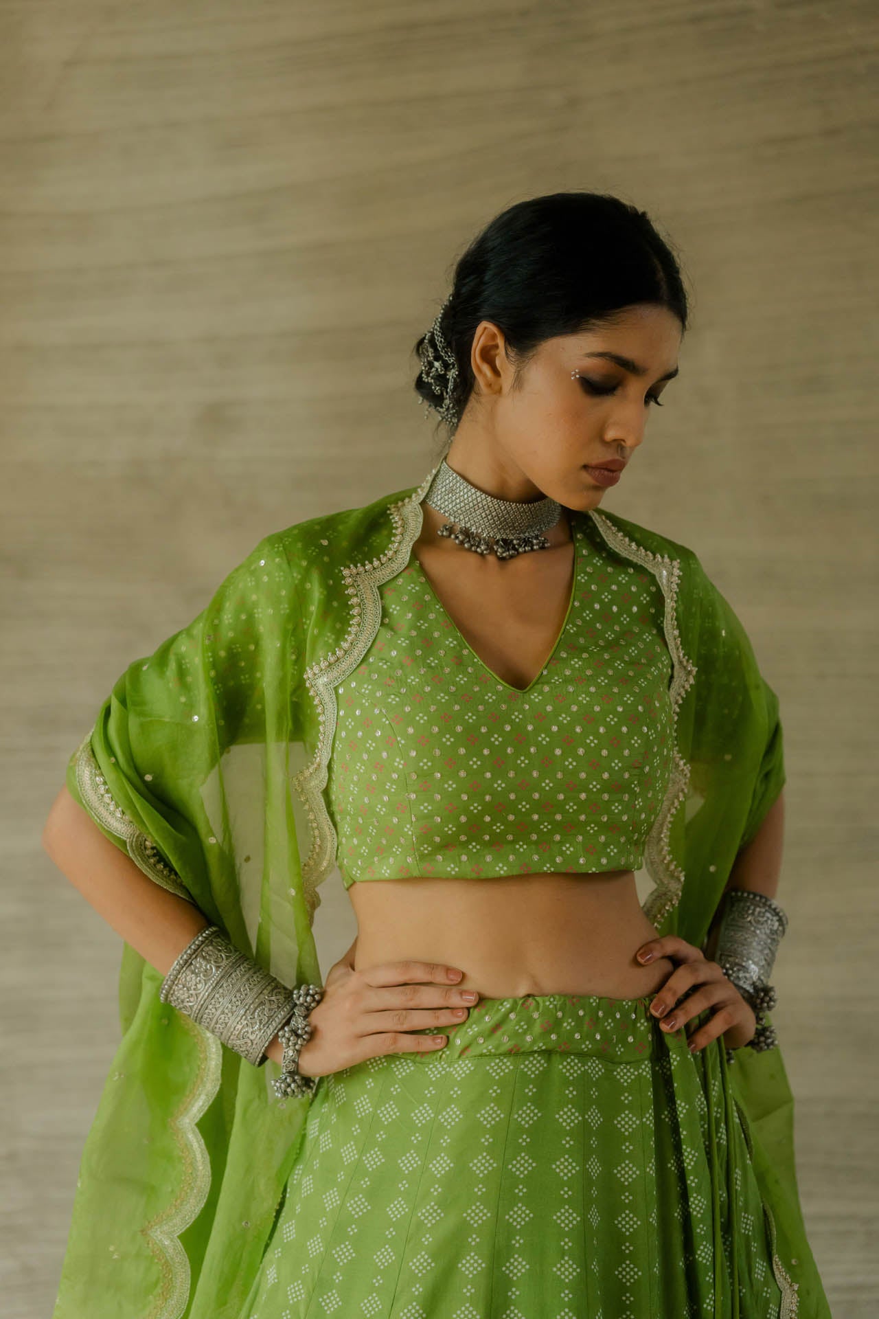 Green Multi Print Lehenga Set