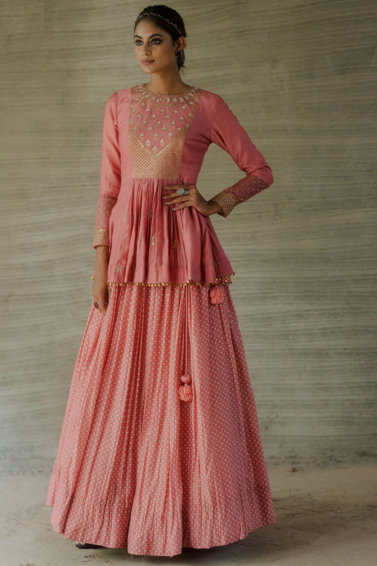 Peach Cotton Silk Peplum Lehenga Set