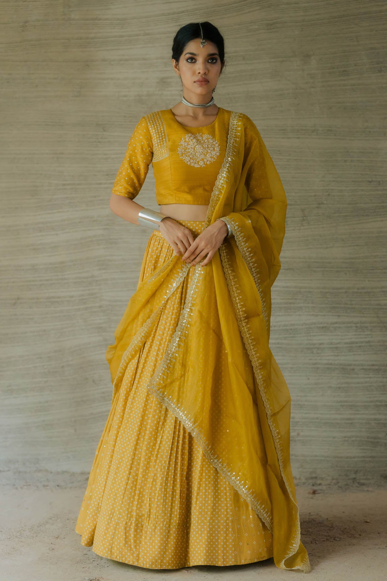 Mustard Bandhani Printed Lehenga Set
