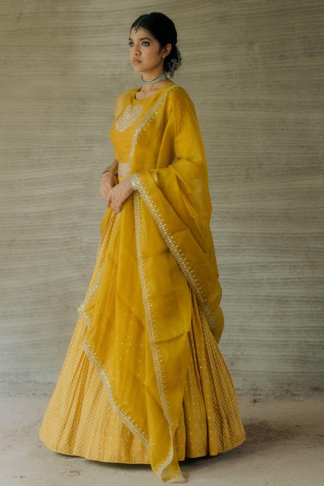 Mustard Bandhani Printed Lehenga Set