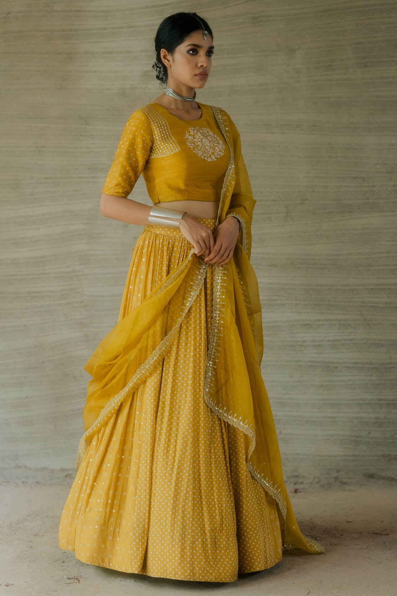 Mustard Bandhani Printed Lehenga Set