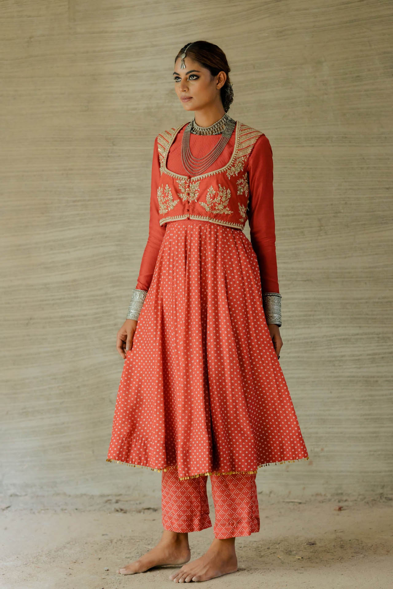 Red Printed Bandhej Anarkali set with jacket