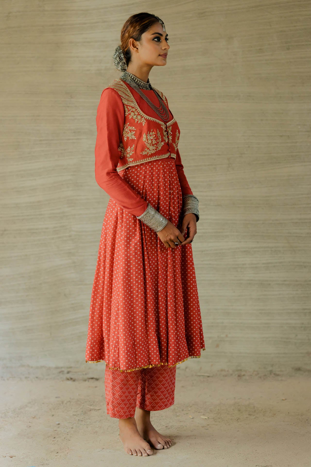 Red Printed Bandhej Anarkali set with jacket