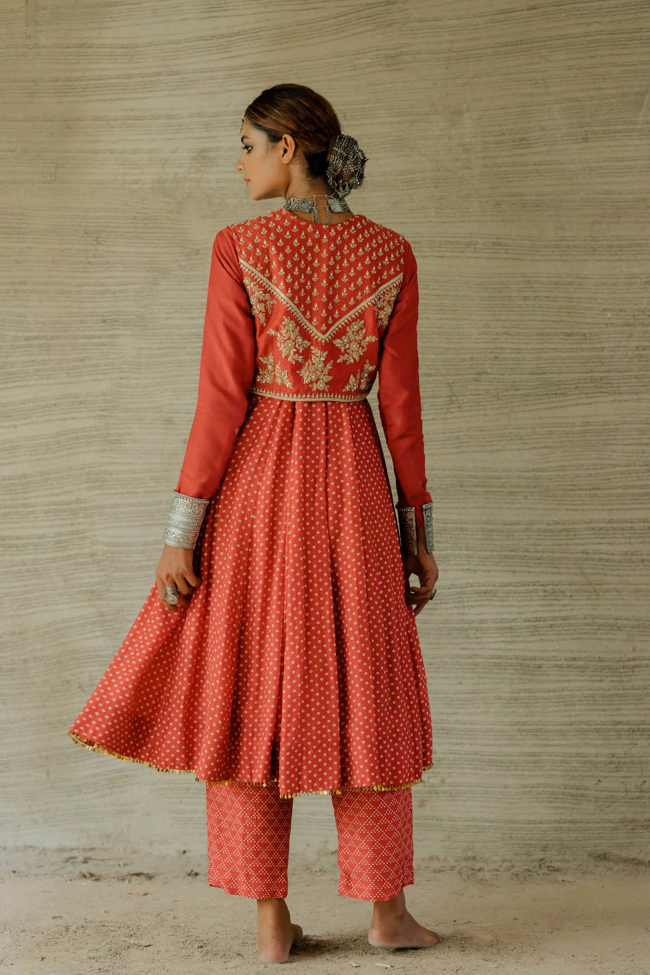 Red Printed Bandhej Anarkali set with jacket