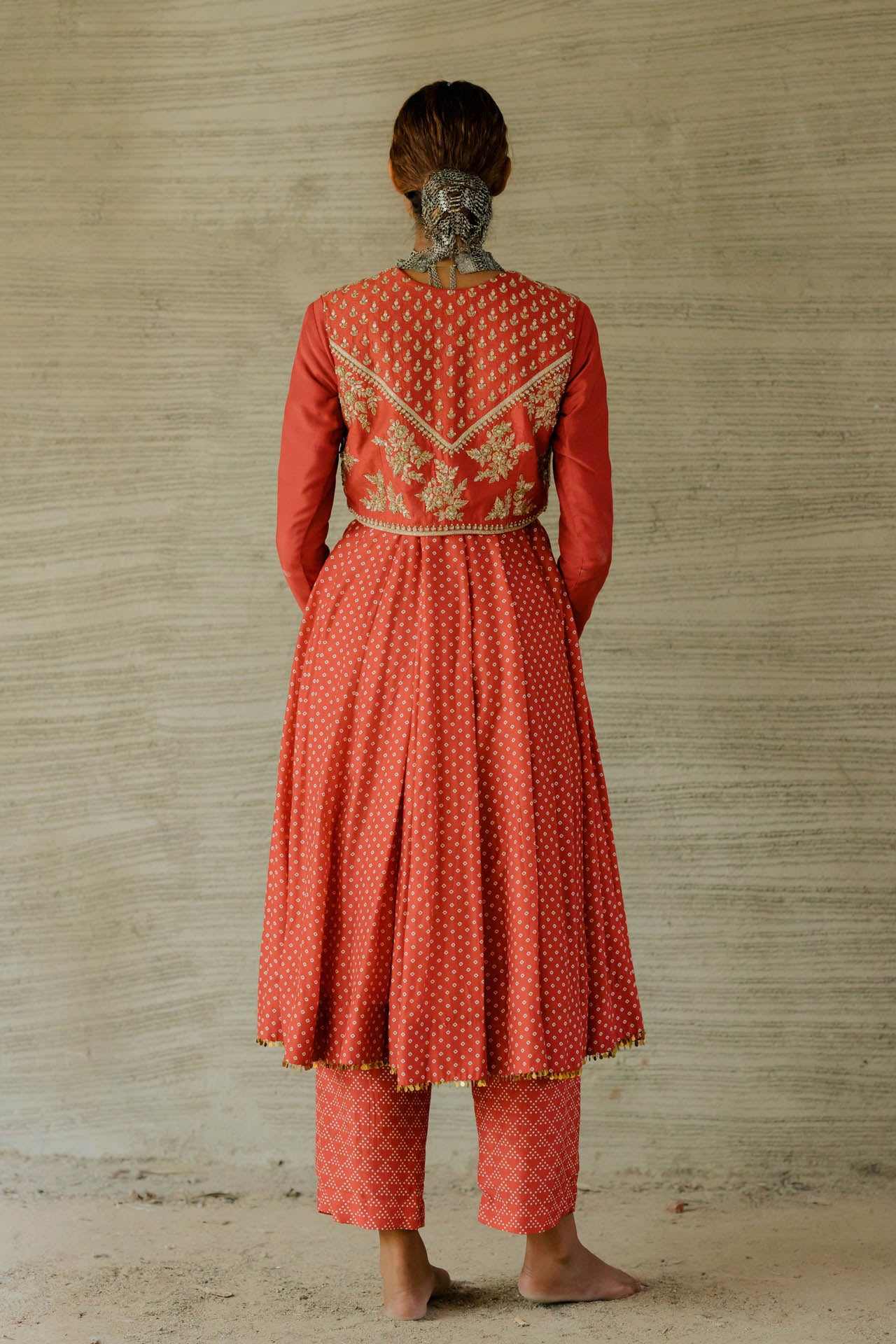 Red Printed Bandhej Anarkali set with jacket