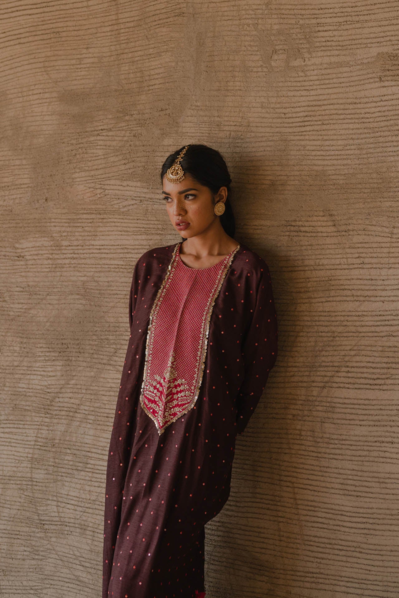 Brown Bandhej Kaftan With Pink Pants