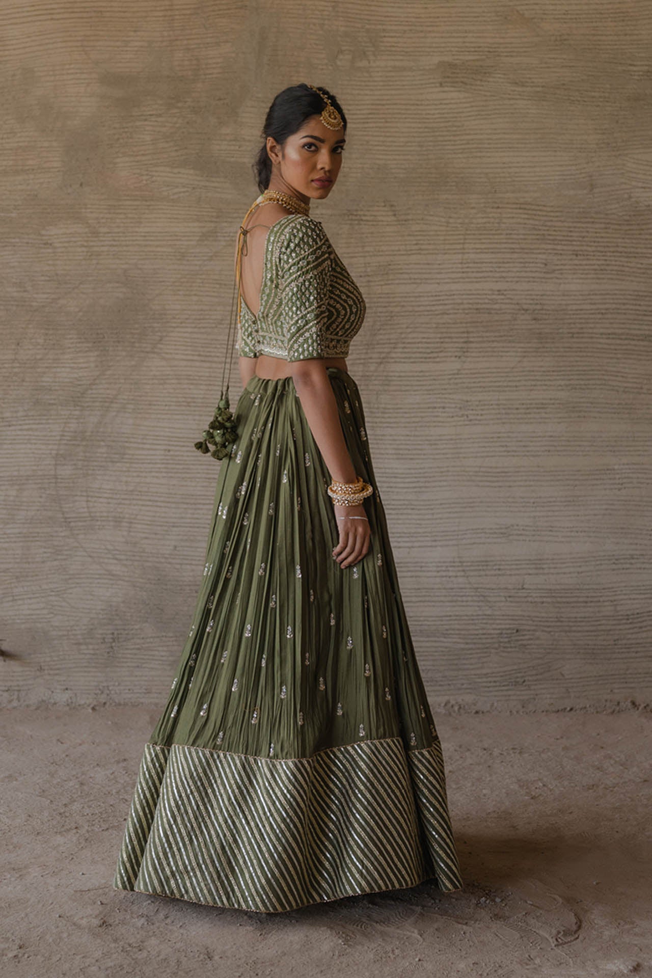 Green Spun Lehenga Set