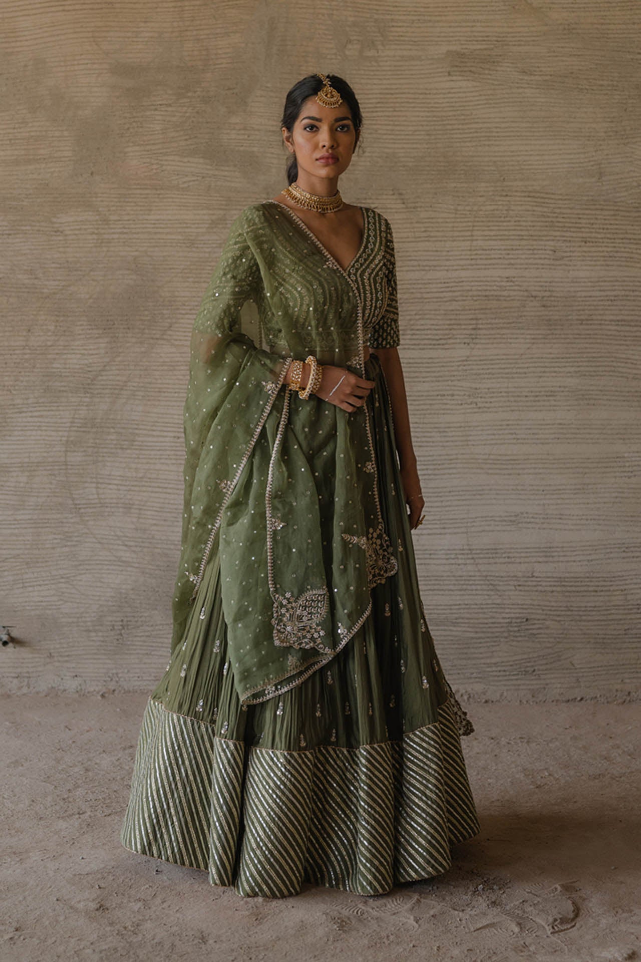 Green Spun Lehenga Set