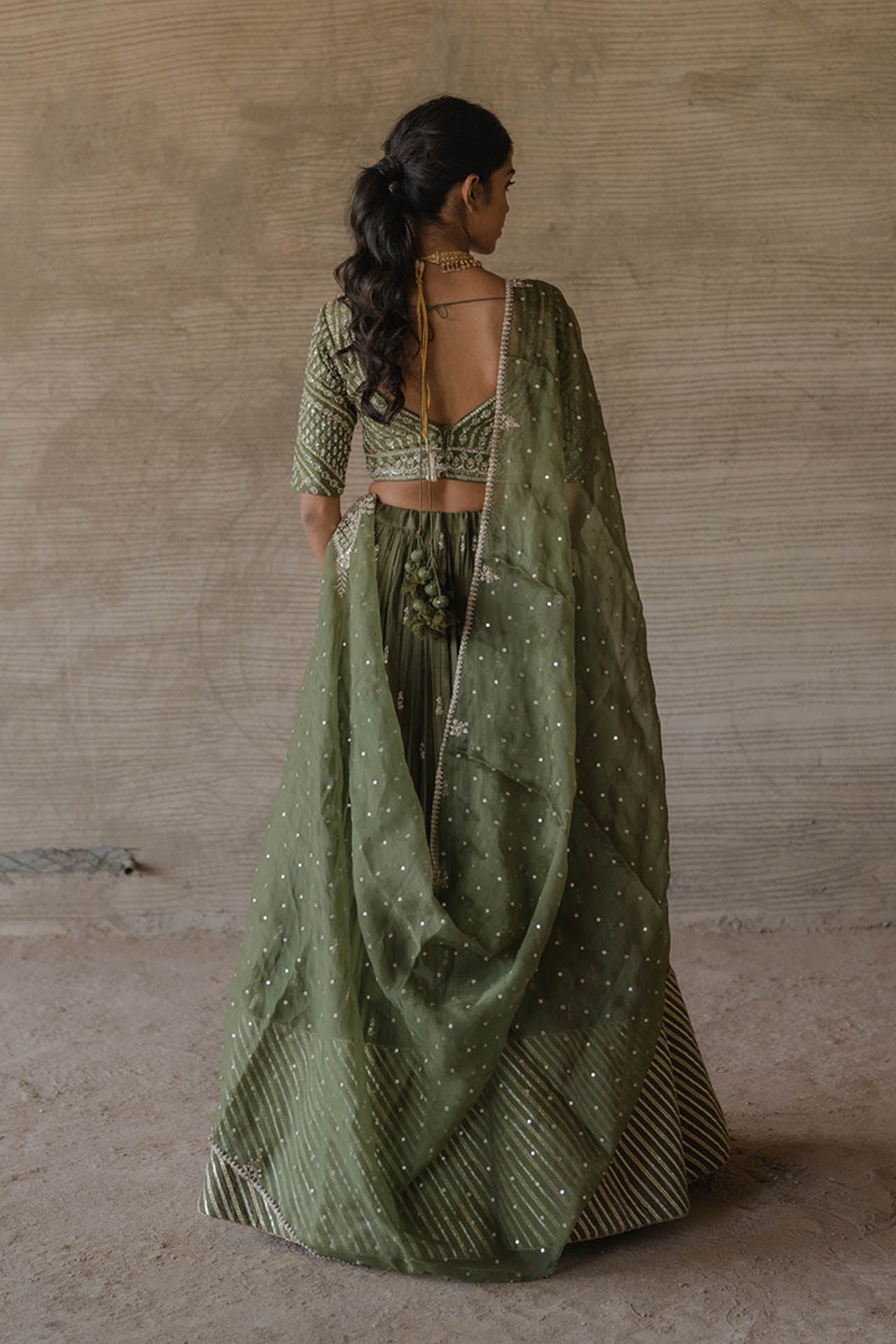 Green Spun Lehenga Set