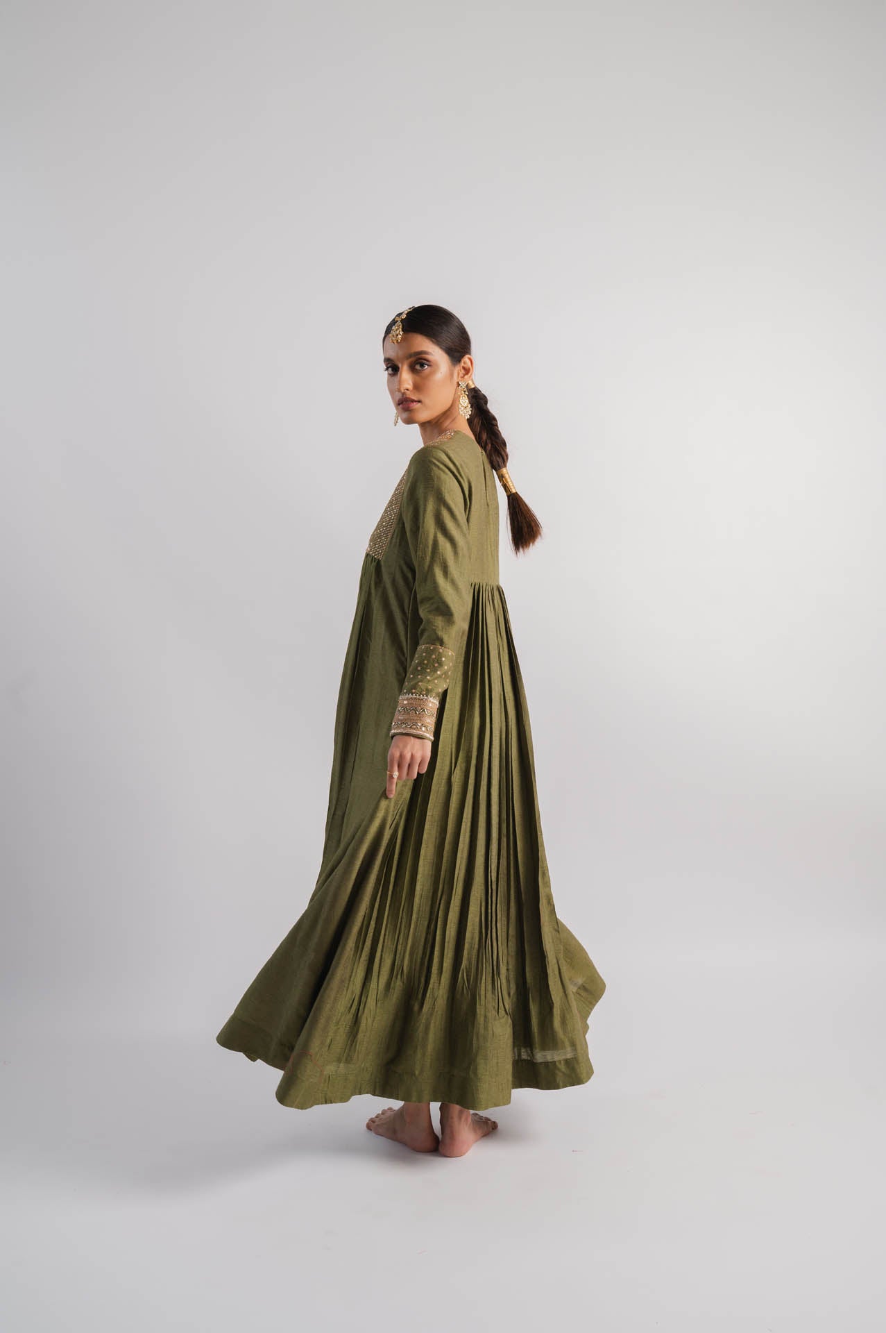 Olive Green Embroidered Anarkali Set