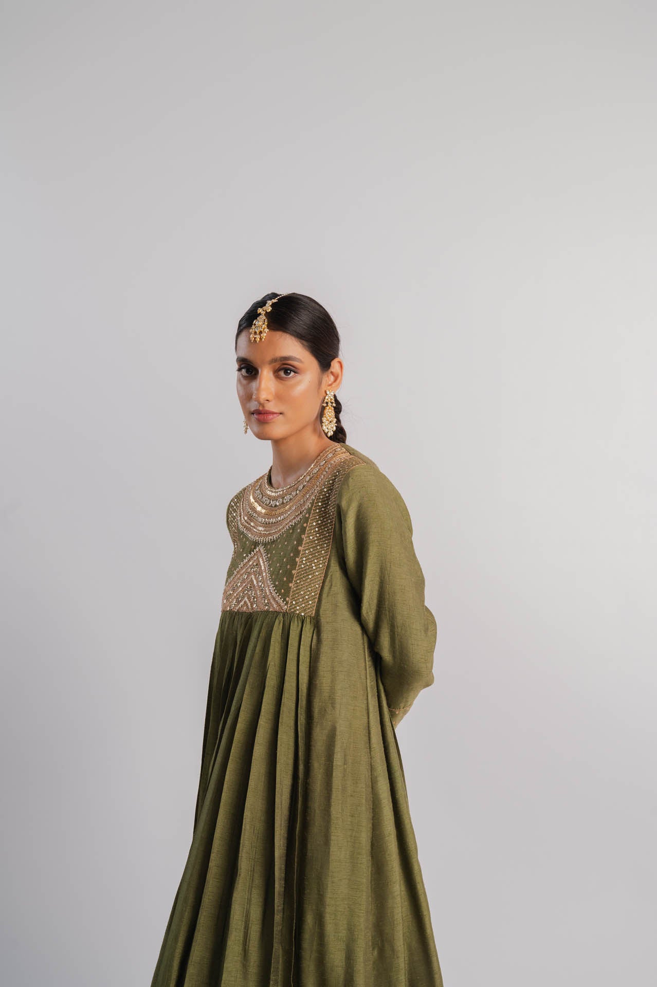 Olive Green Embroidered Anarkali Set